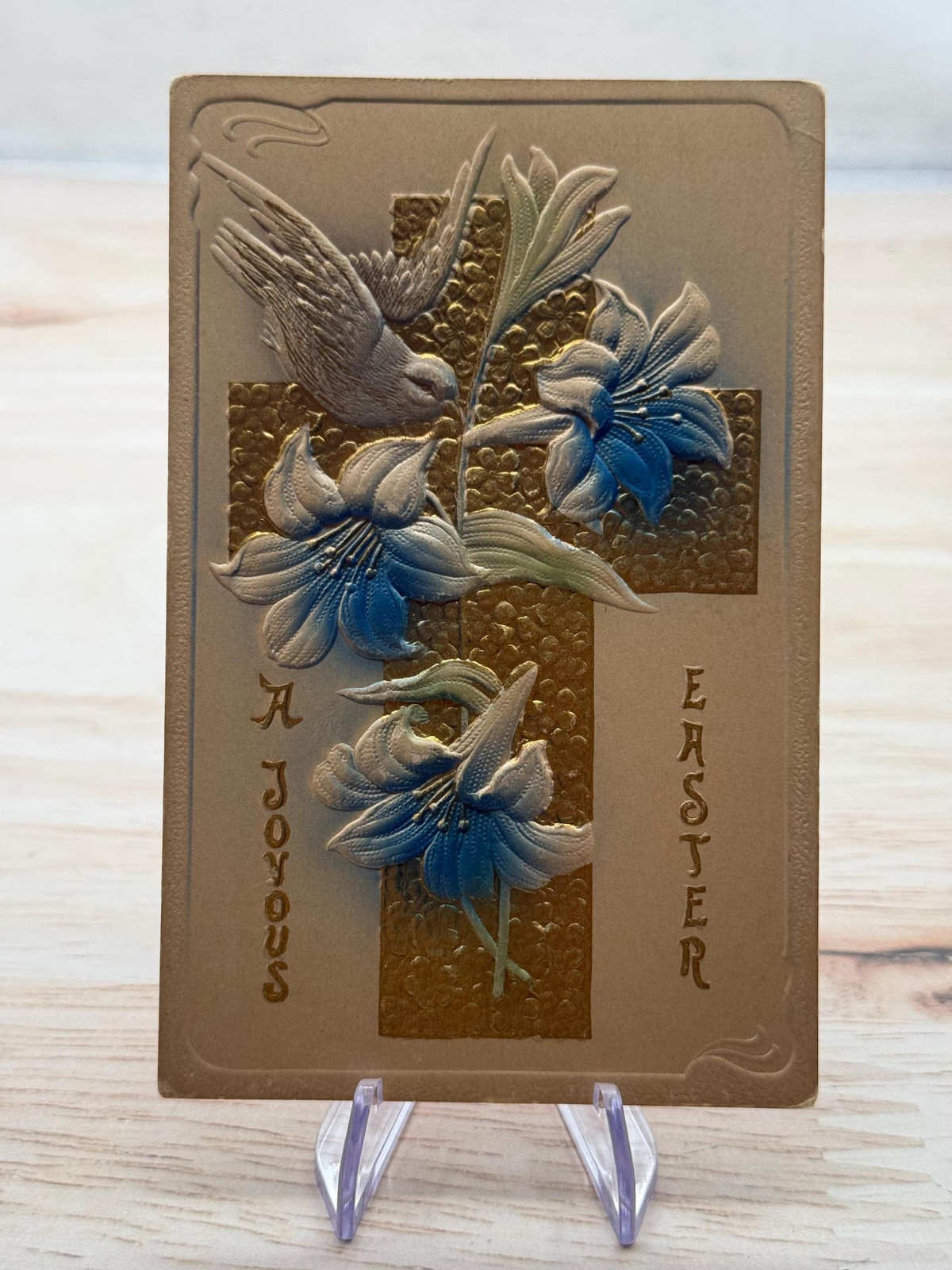Antique Embossed Easter Postcard – Divided Back Era- Lillies with Bird