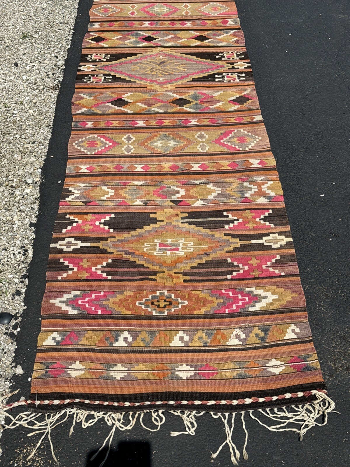 Vintage Antique Large 142”x30” Wool Rug Runner Native American/ Turkish Kilim