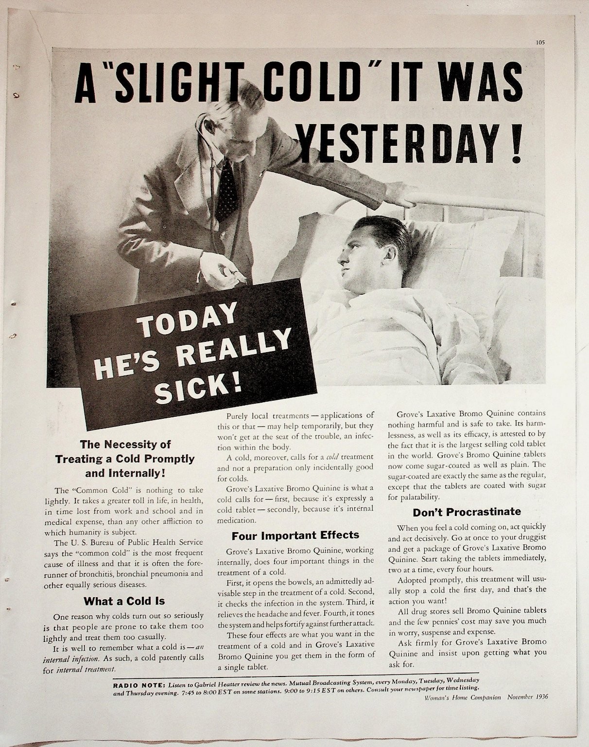 Grove\'s Laxative Bromo Quinine 1936 Vintage Print Advertisement Cold
