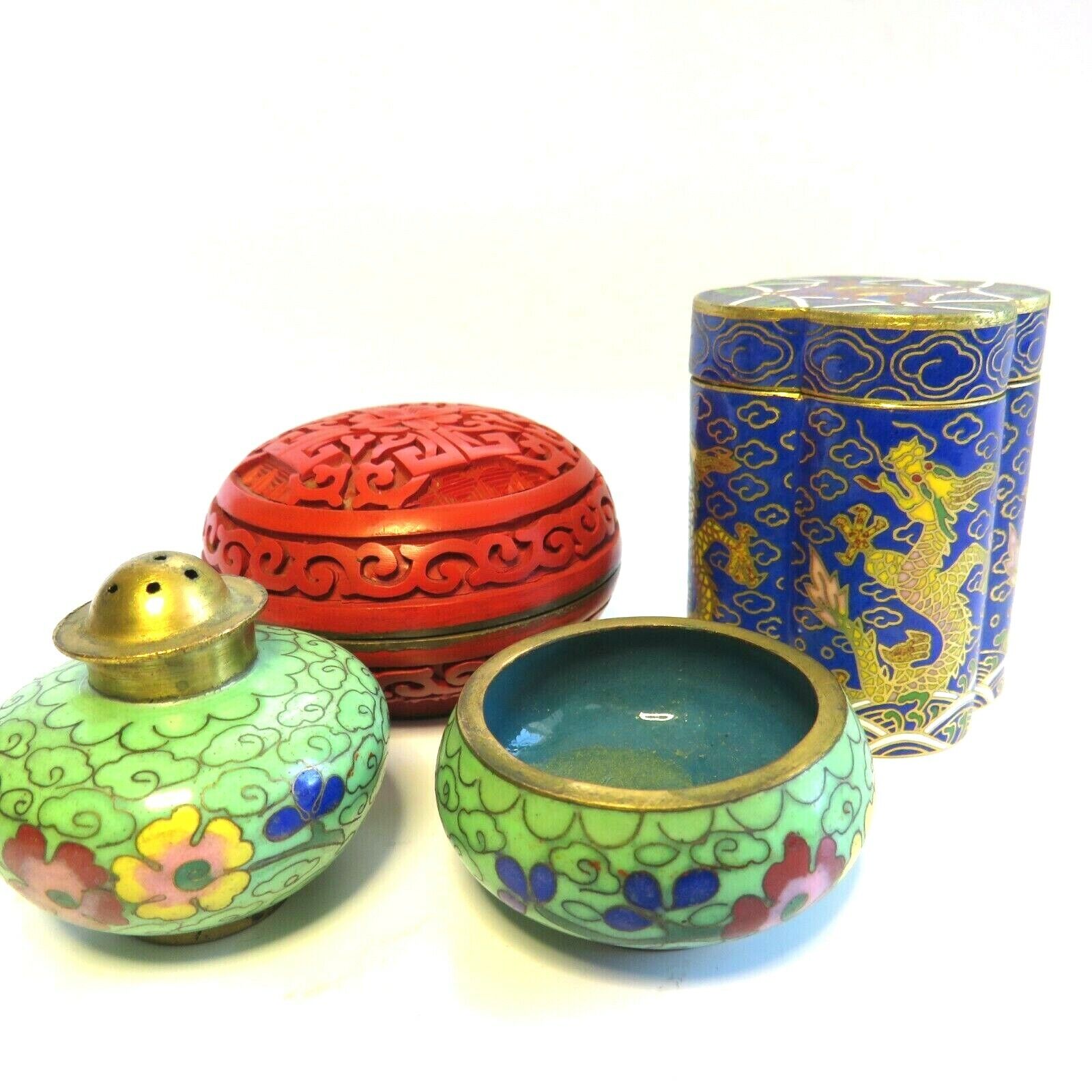 Vintage Four Chinese Pots Cloisonné / Cinnabar Lacquer Pounce Pot Dragon Enamel 
