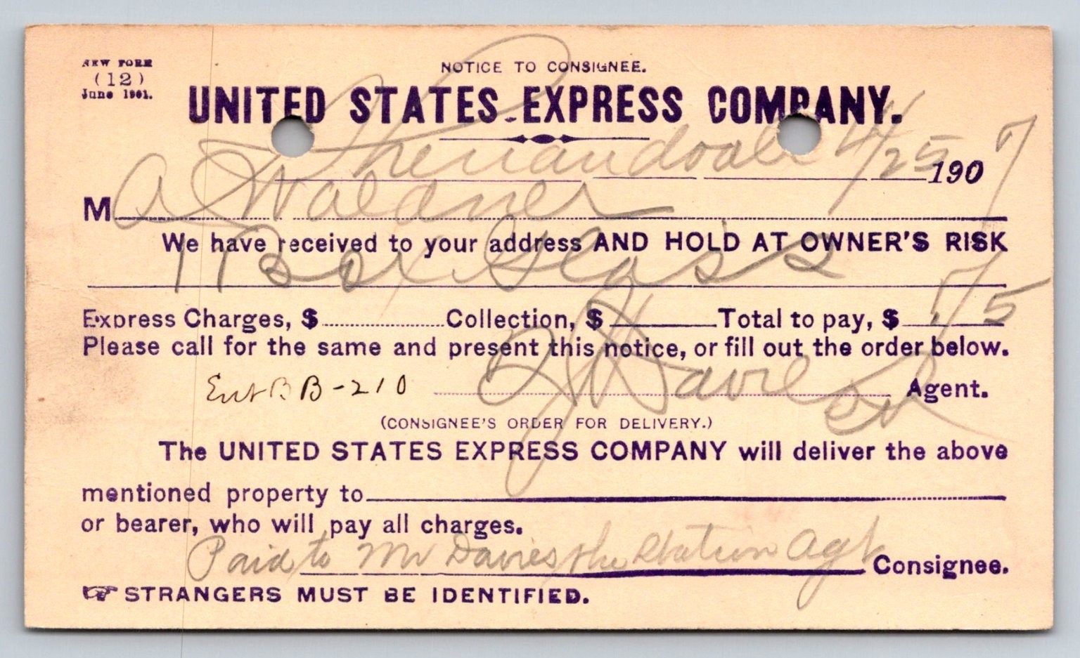 1907 Shenandoah PA US Express Company Postal Card Notice Walauer Davies