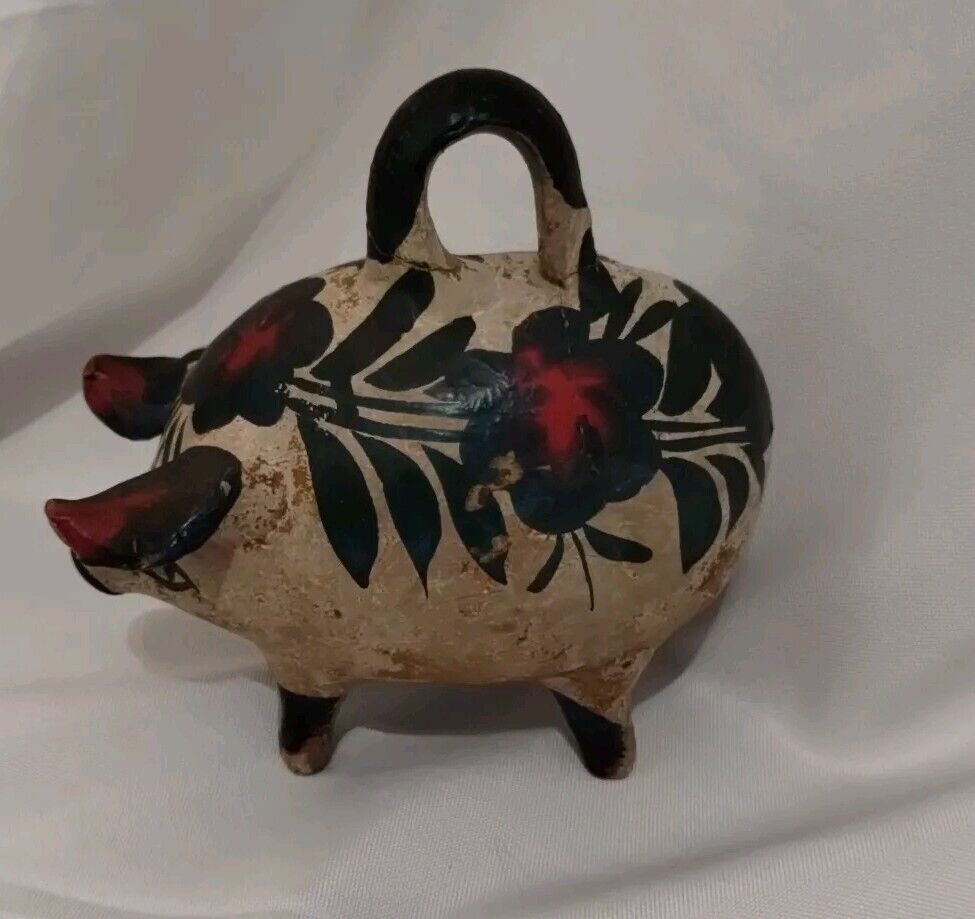 Vintage Mexican Pottery Piggy Bank Handmade Hand-painted Original Patina