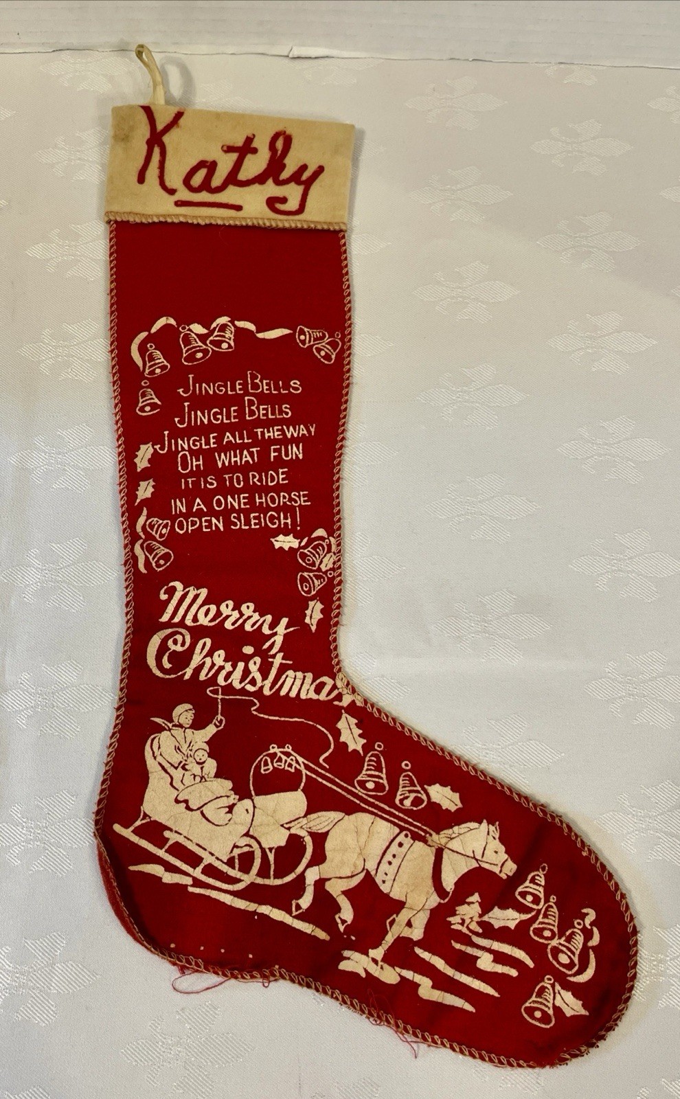 Vtg 1950s Red Felt Christmas Stocking Jingle Bells SleighScreen Print Kathy