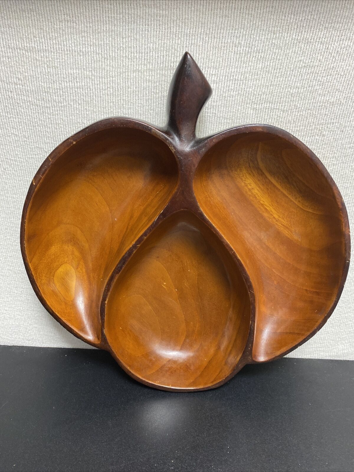 Vintage Cherry Wood or Maybe Mahogany Divided Trench Apple Shaped Tray Trinkets