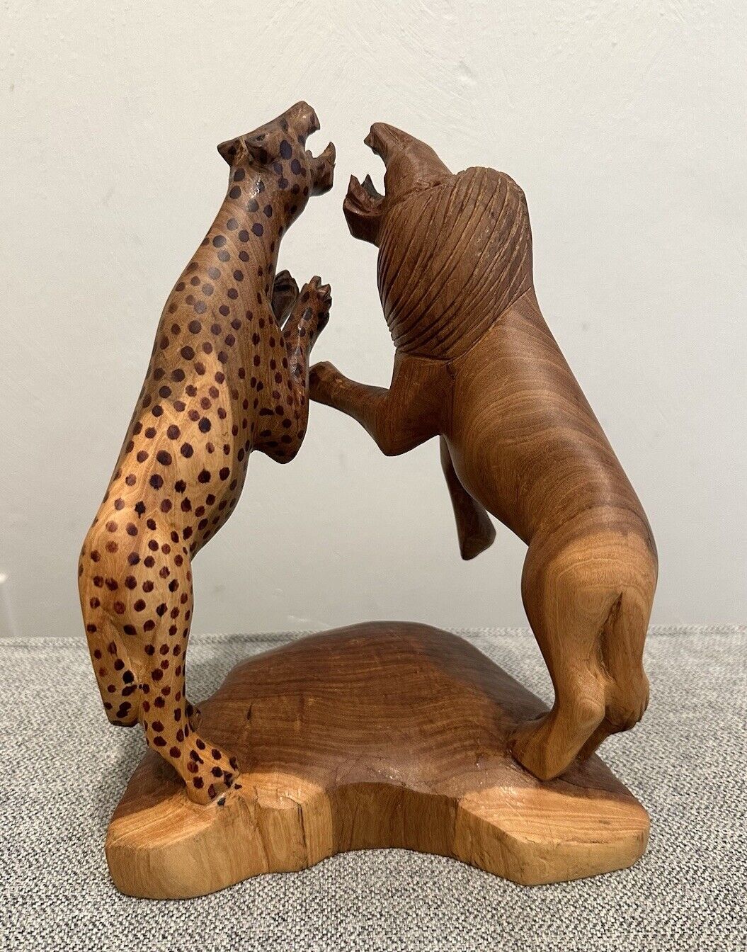 Vintage Hand Carved Wooden Lion & Cheetah Figurine Statue Fighting Hand Painted