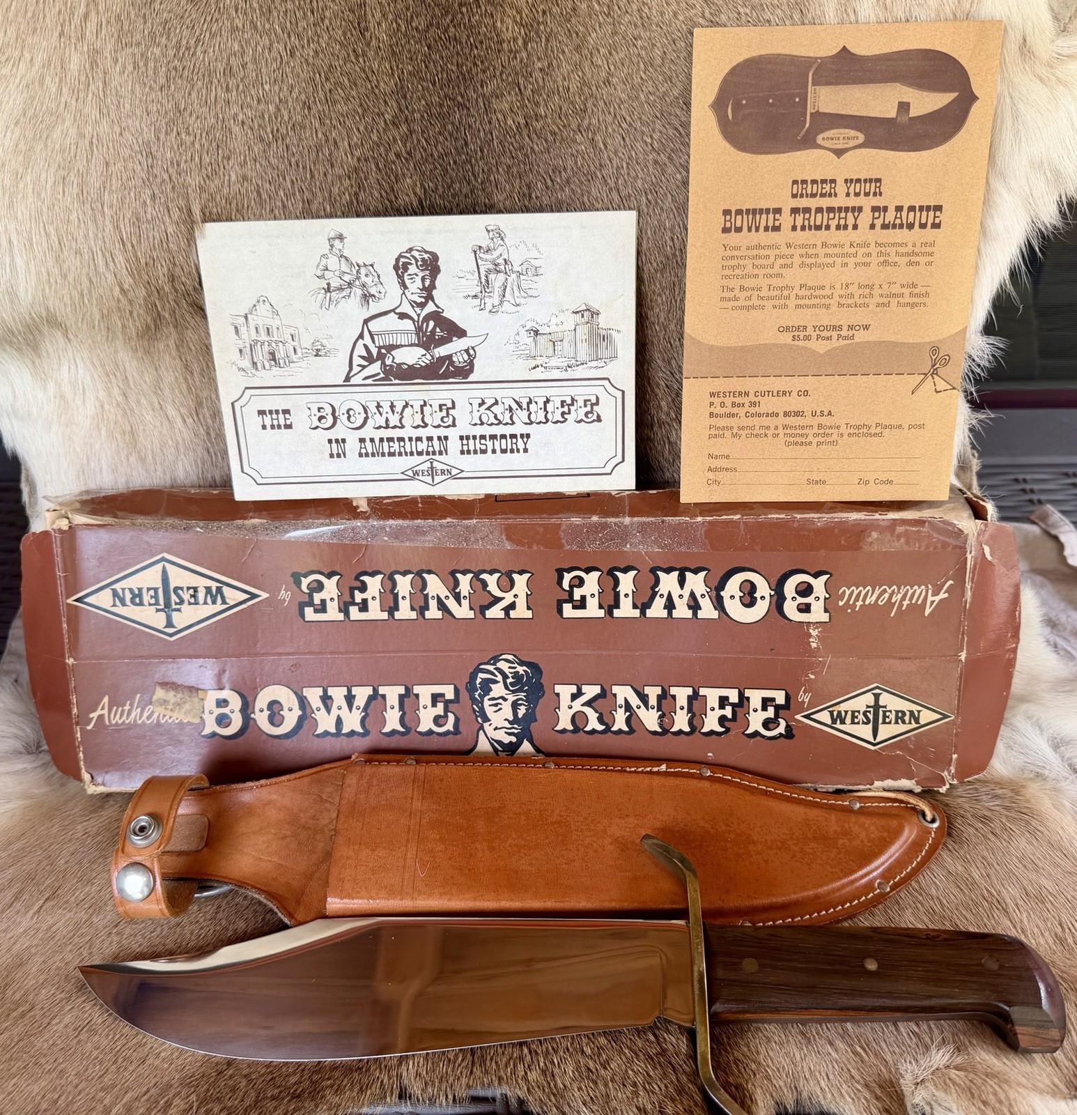 US Vietnam Era Vintage Western Large Bowie Knife w/ Original Box Papers & Sheath