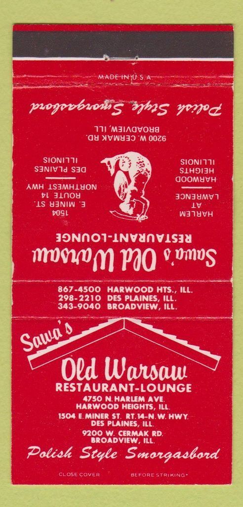 Matchbook Cover - Sawa\'s Old Warsaw Restaurant Broadview IL 30 Strike