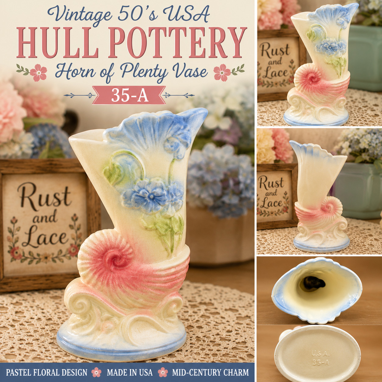 Vintage Hull Pottery 35-A Horn of Plenty Cornucopia Vase Pink Blue USA 1948-1958
