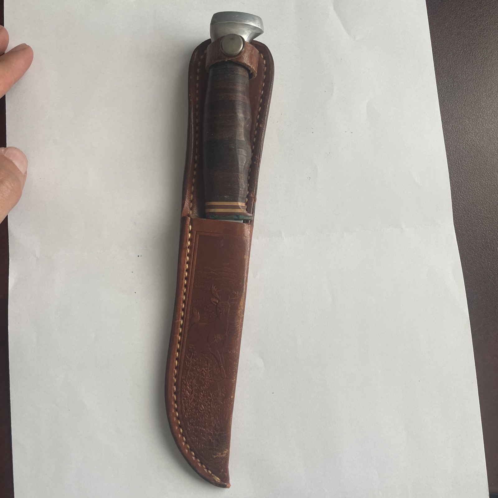 Vintage KA-BAR Hunting Knife 4” Blade Stacked Leather Handle Deer Sheath