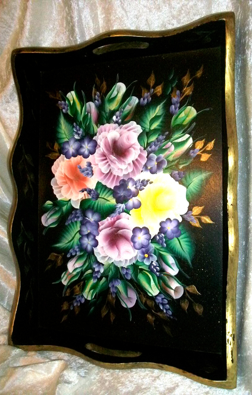 Vintage Hand Painted Floral Toleware Double Handle Wooden Butler Serving Tray