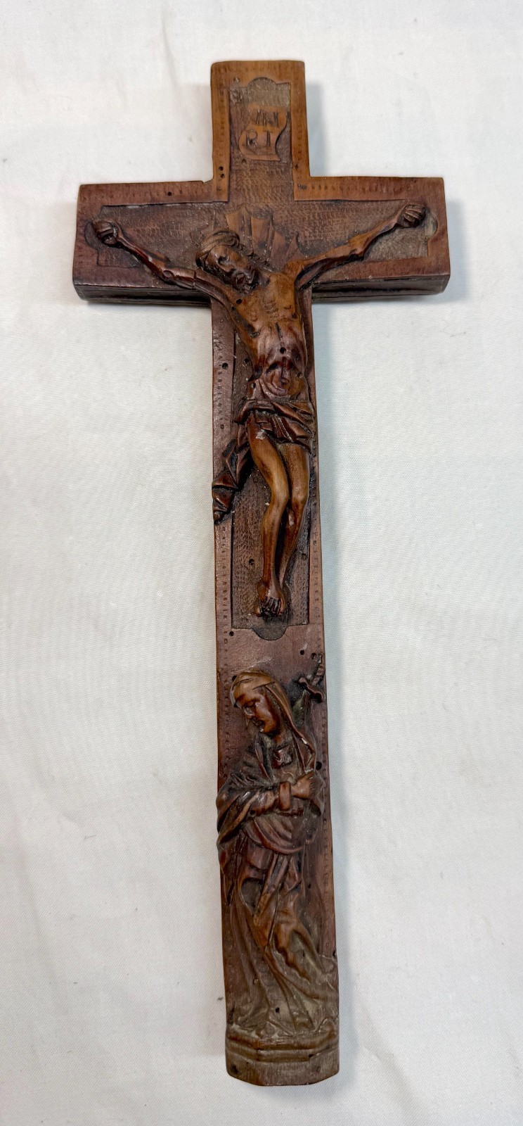 antique 1700\'s hand carved wood religious Jesus Christ crucified cross sculpture