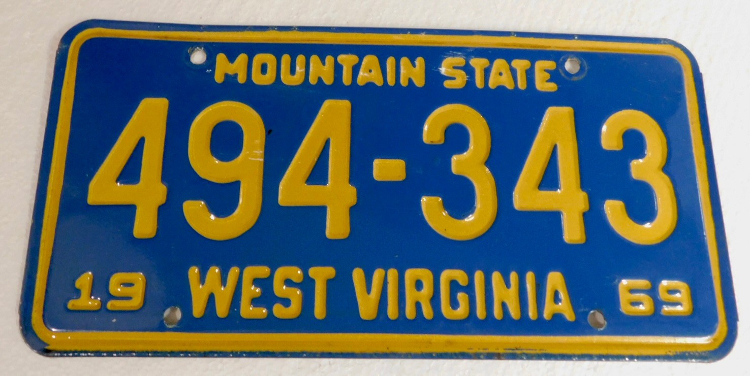 Vintage 1969 WEST VIRGINIA Auto License Plate 494-343, Steel