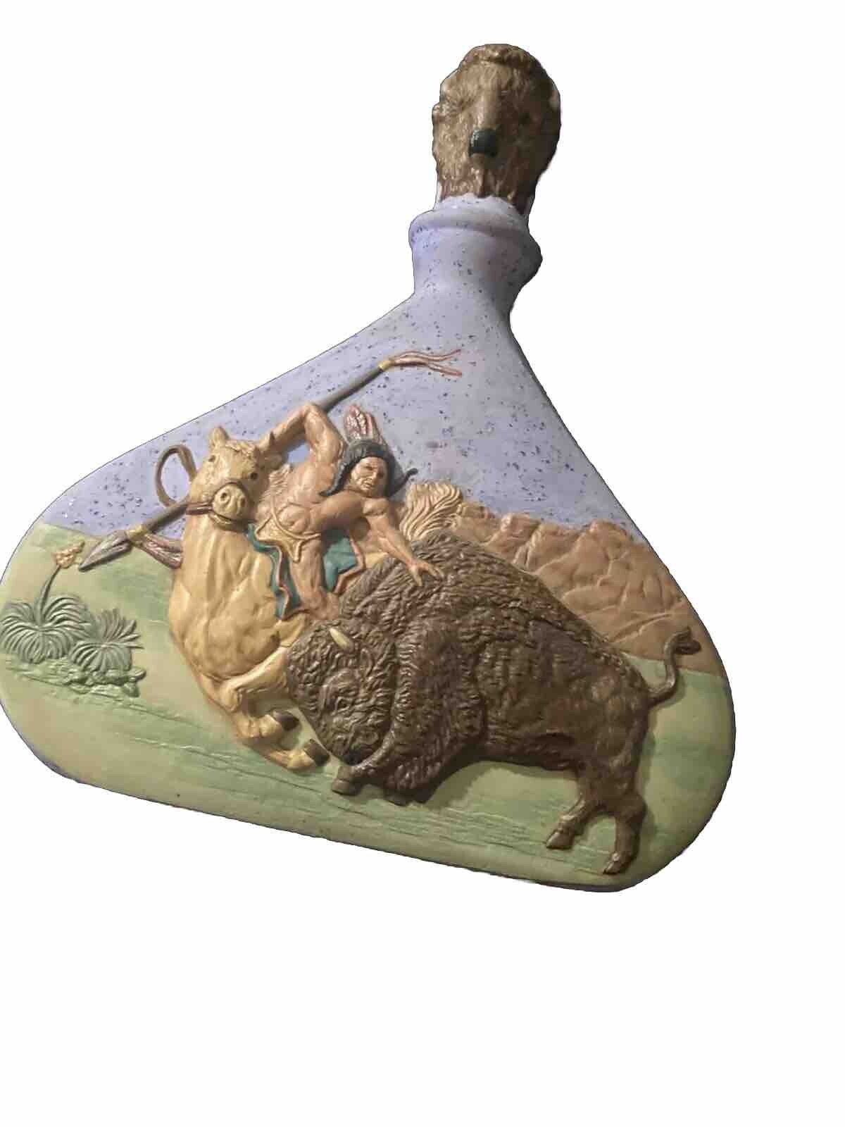 Ceramic Native American Indian Warrior embossed Decanter Vase Buffalo Top EUC