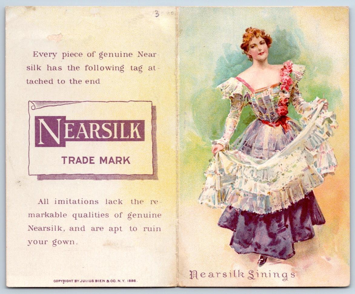 1898 NEARSILK LININGS PINK FABRIC SAMPLE FOLDER FREAR & CO TROY NY TRADE CARD