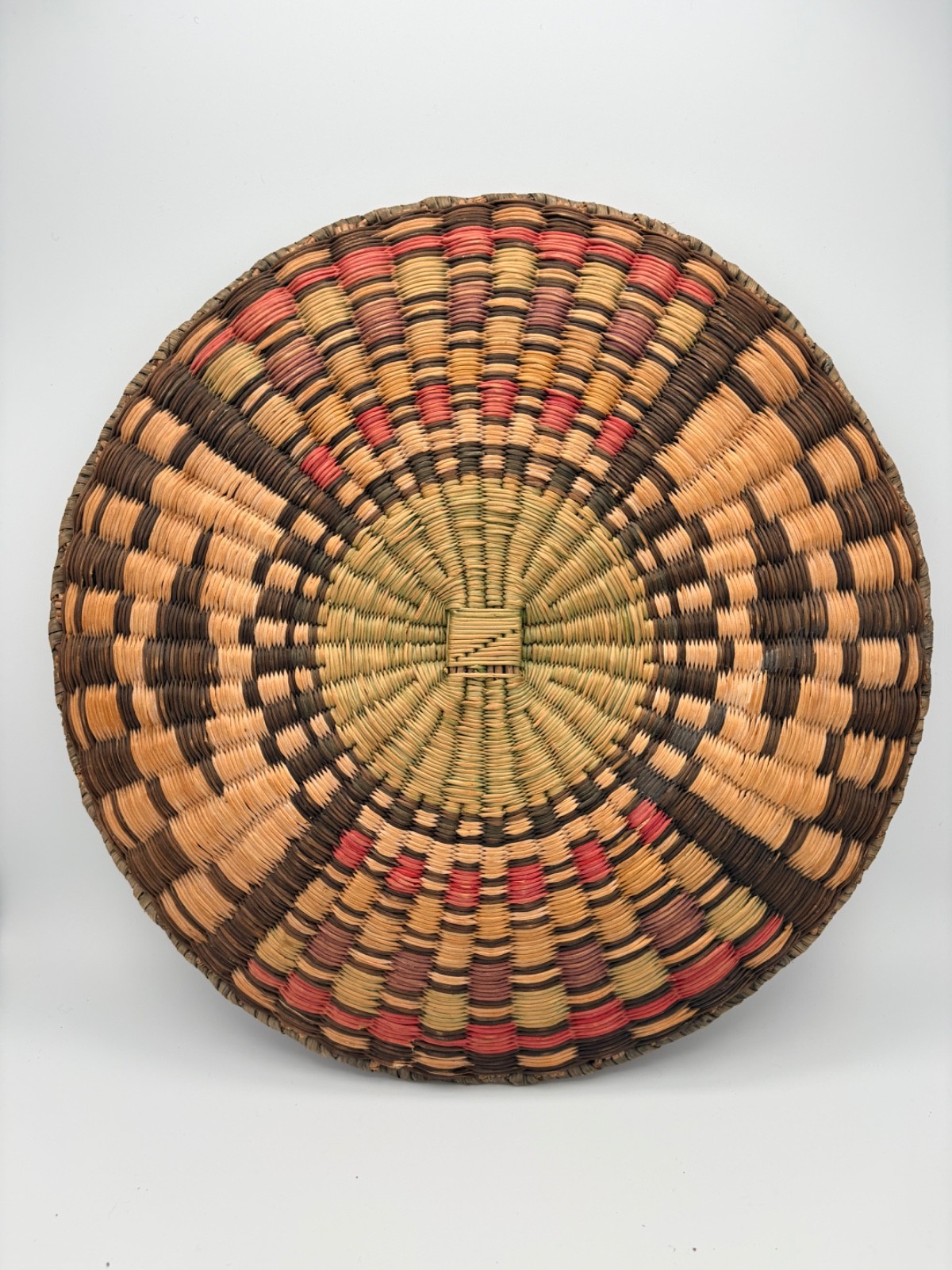 Vintage Hopi Third Mesa Wicker Basket Plaque Polychrome Native American 13.25