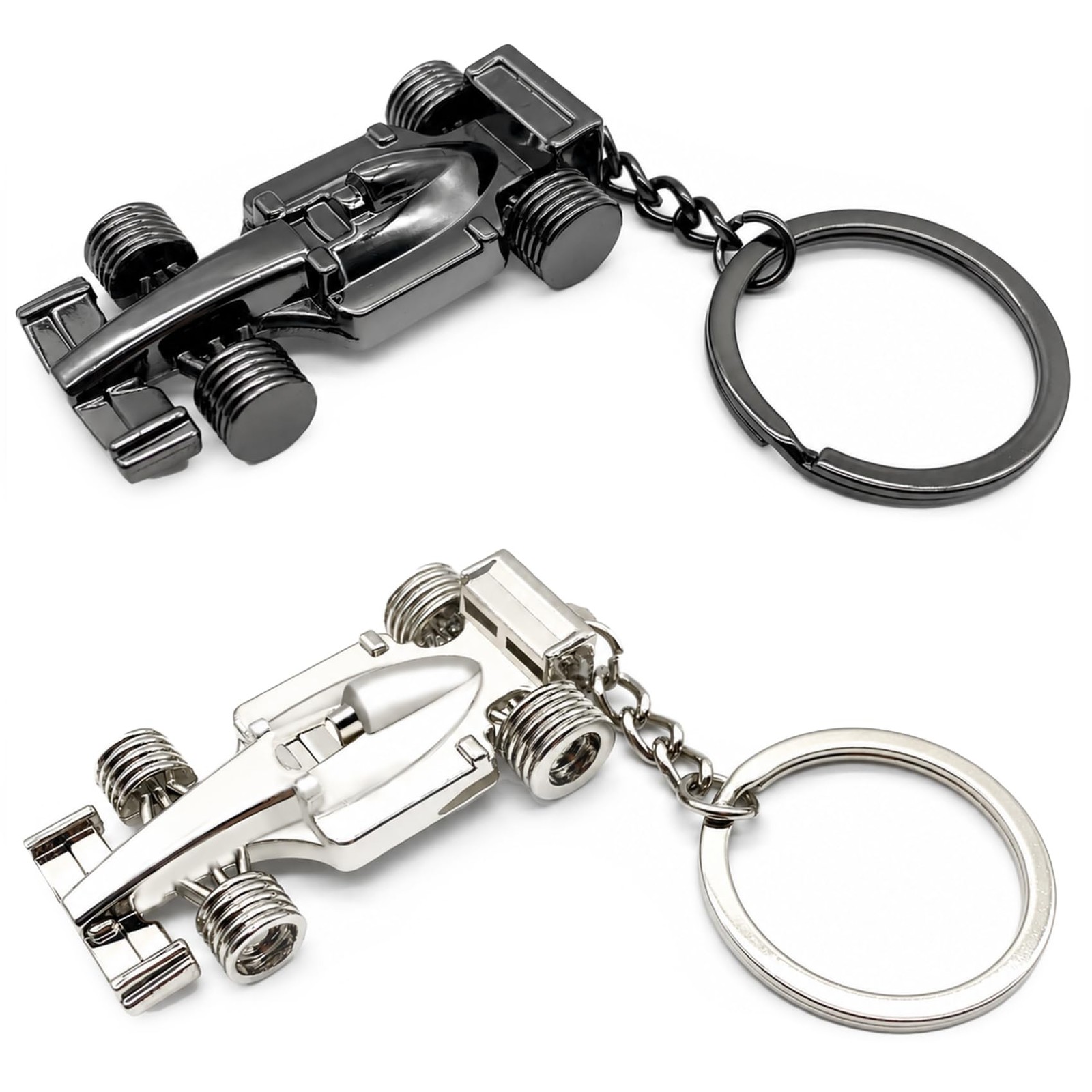 2-Pack F1 Keychain Metal Racing Car Keyring Black Silver Motorsport Gift