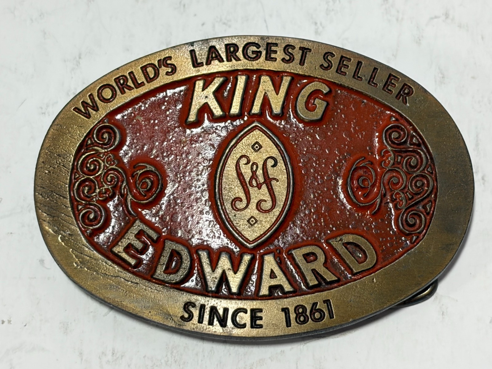 Vintage King Edward CIGARS Tobacco Enameled Brass Belt Buckle 
