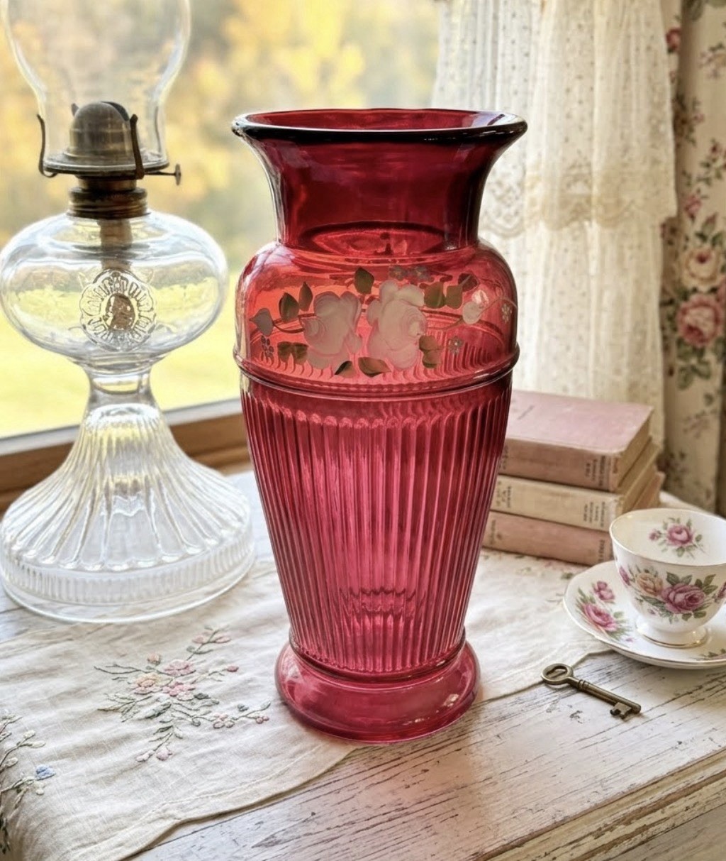 Vintage Fenton Cranberry Glass Vase 10” Ribbed Handpainted floral Signed Cottage