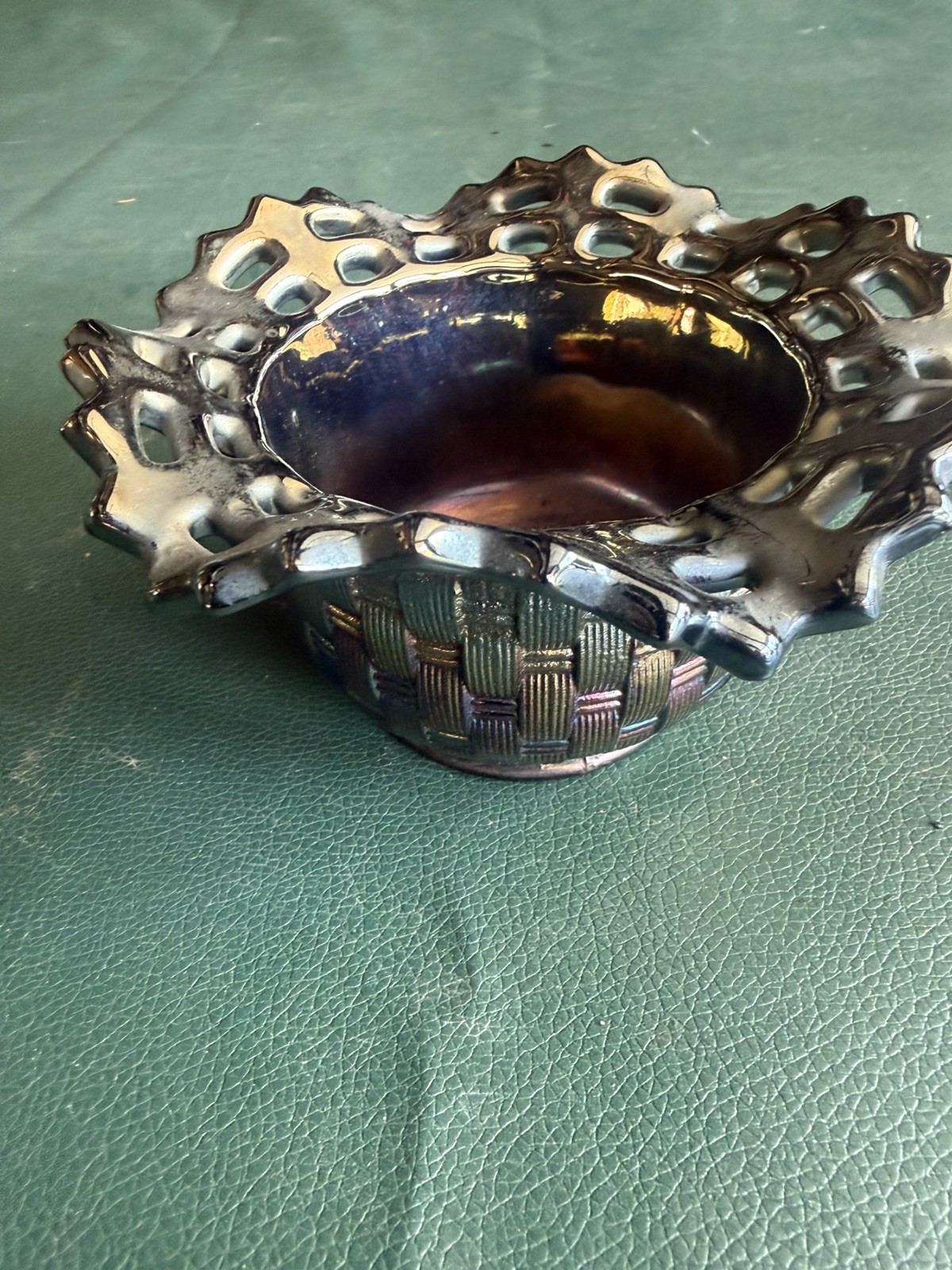 Amethyst Carnival Glass Openwork / Basketweave Bowl