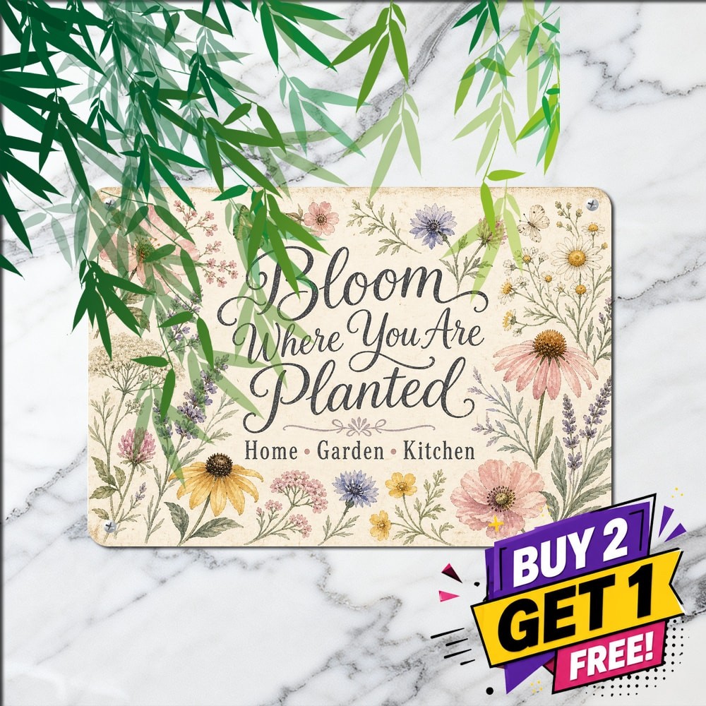 Bloom Where You Are Planted Wildflower Bouquet Watercolor Metal Sign 8x12