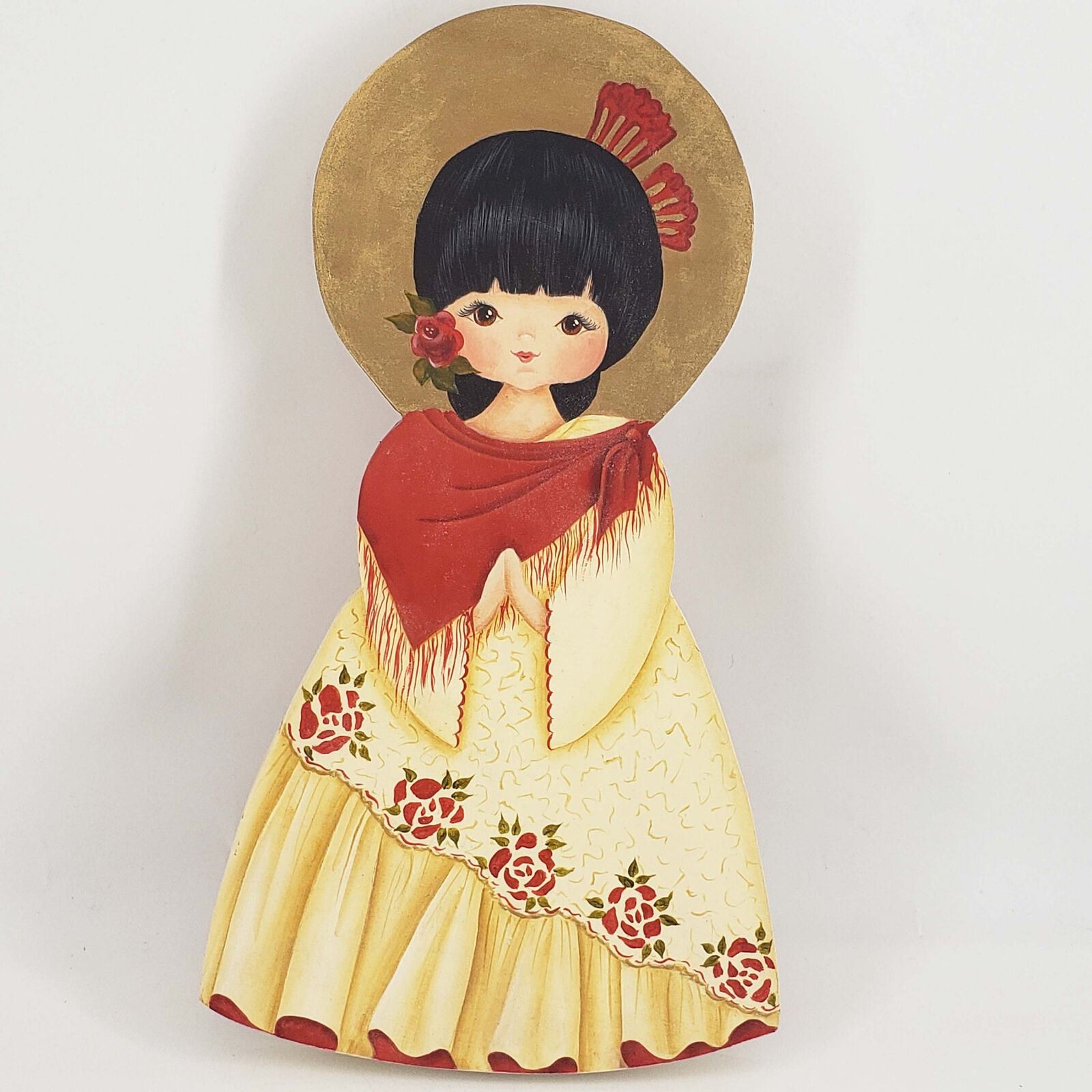 Hand Painted Gold Detail cute angel girl in hat on Wood 10\