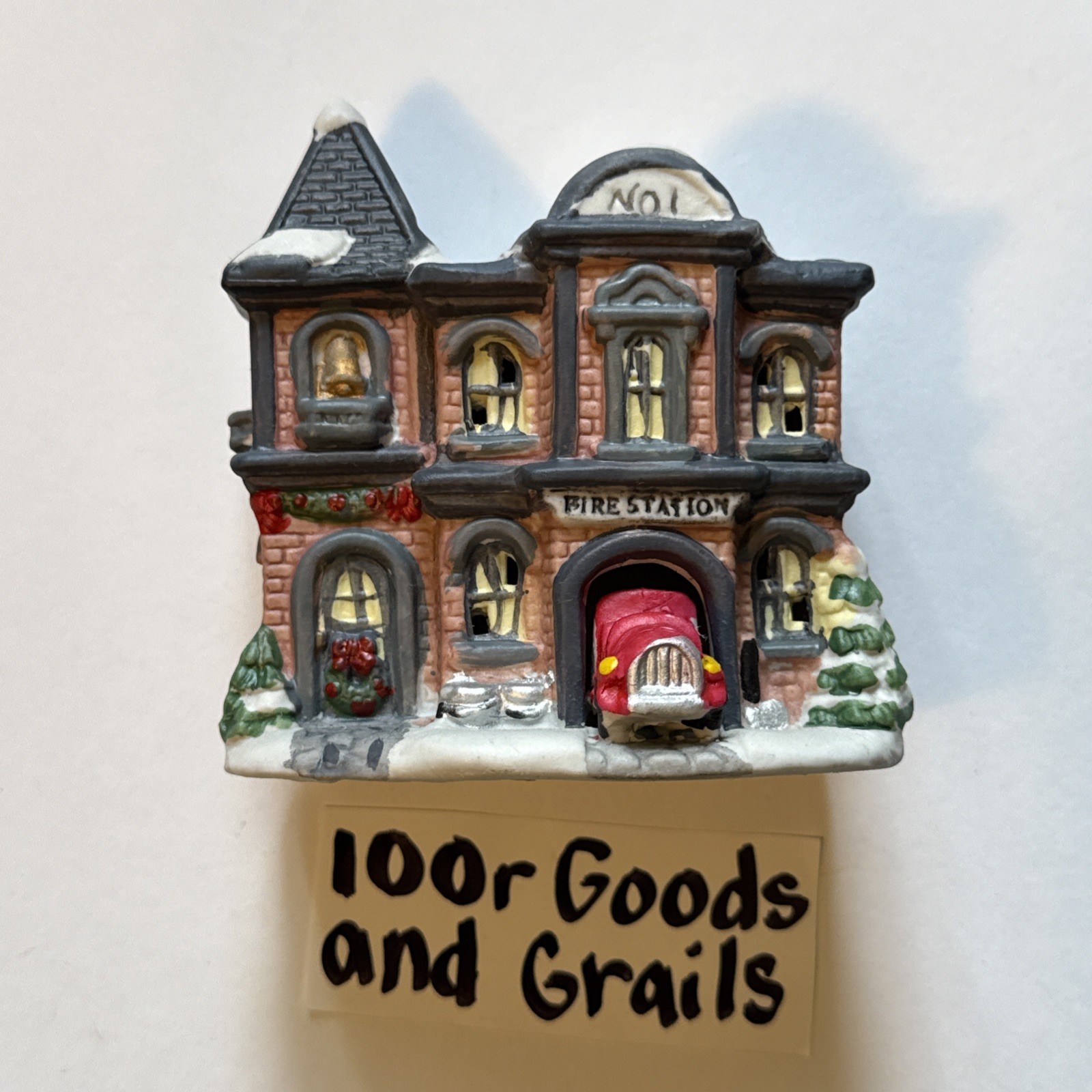 Vintage Porcelain Lighted Christmas Village Fire Station Building 4x4.5\