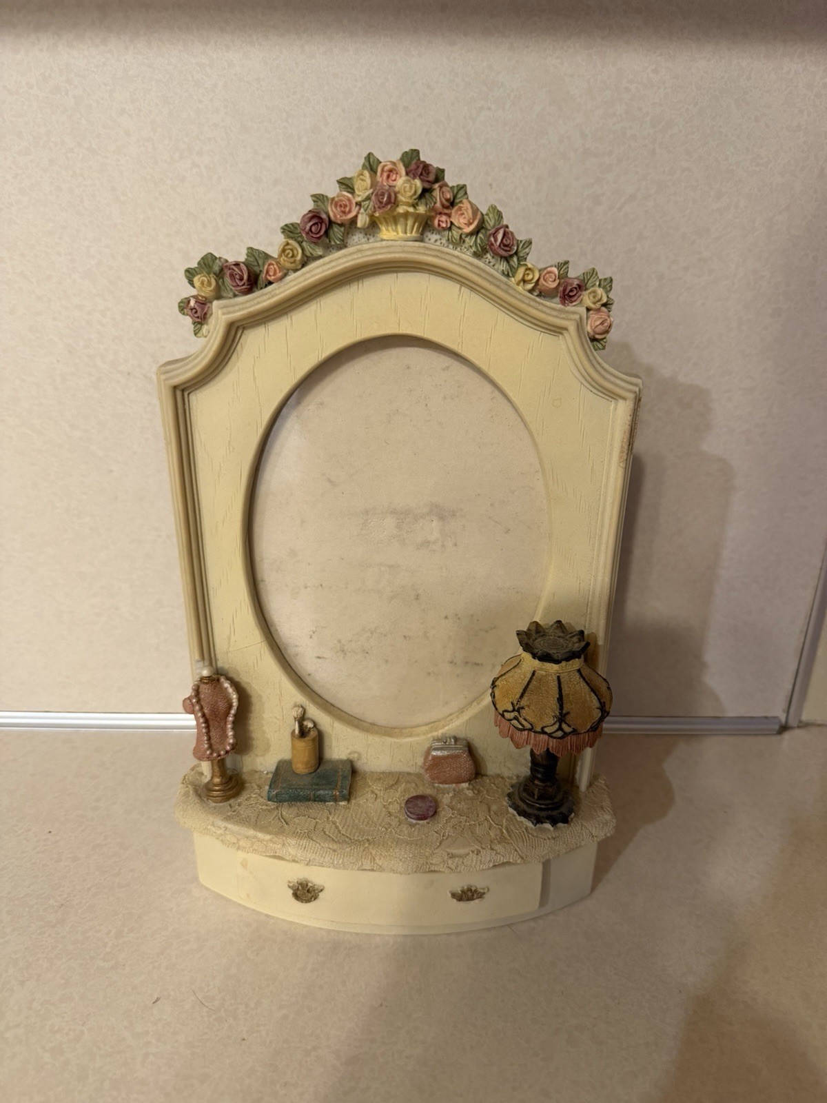 Victorian Vanity Picture Frame Oval Rose Floral Miniature Vanity Drawer Vntg