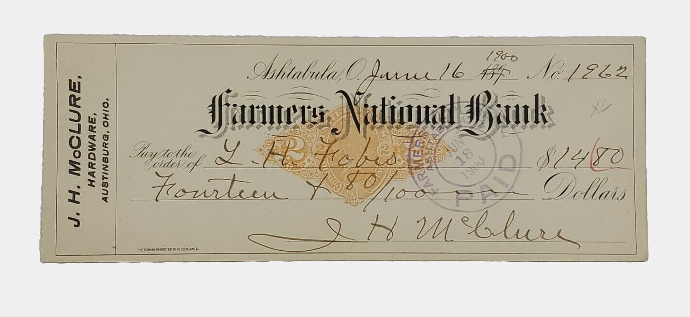 1900 Bank Check: Farmers National Bank, Ashtabula, OH - L.H. Fobes