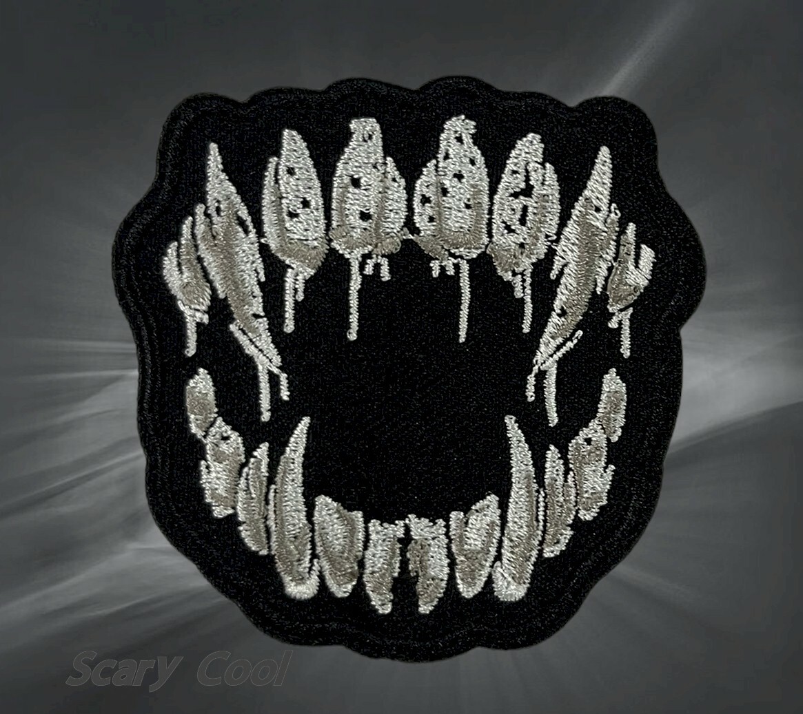 New Fangs Teeth Horror Gothic Embroidered Biker Iron On Patch