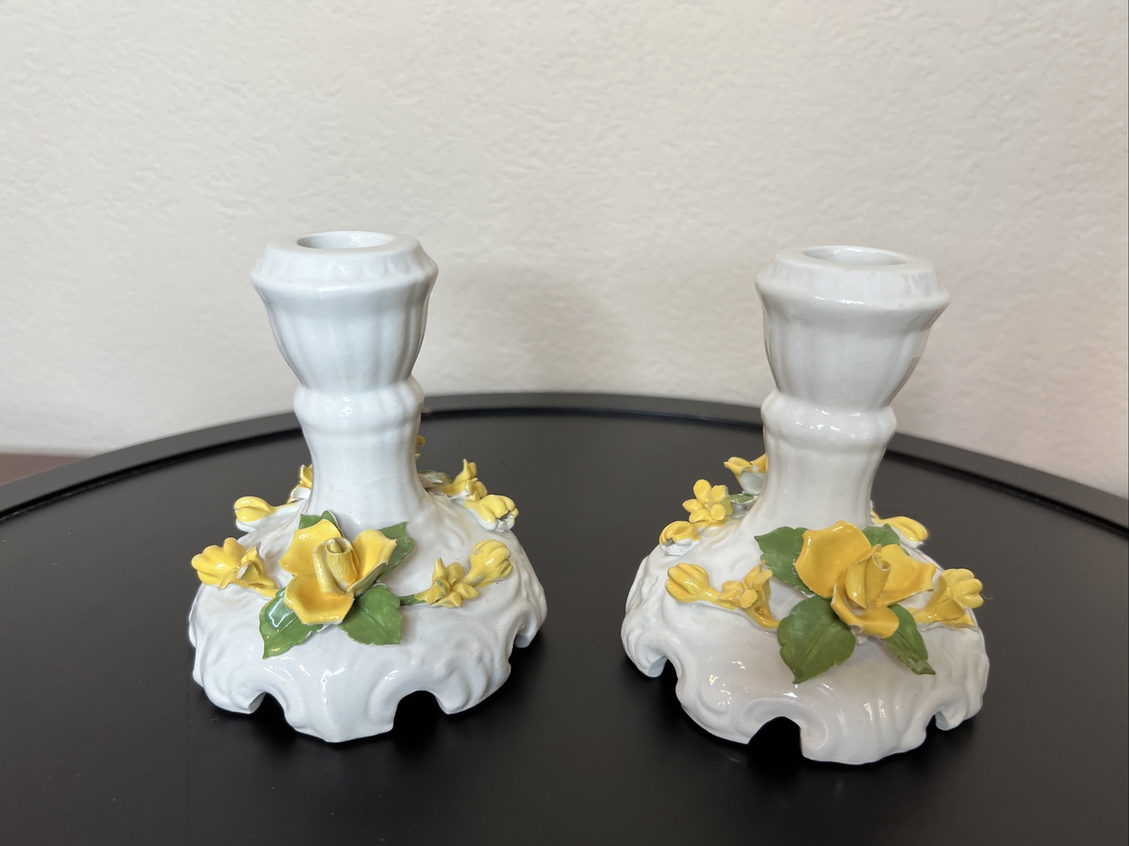 VTG 2 White Ceramic Porcelain Candleholders Sculptured Yellow Flowers ~ READ