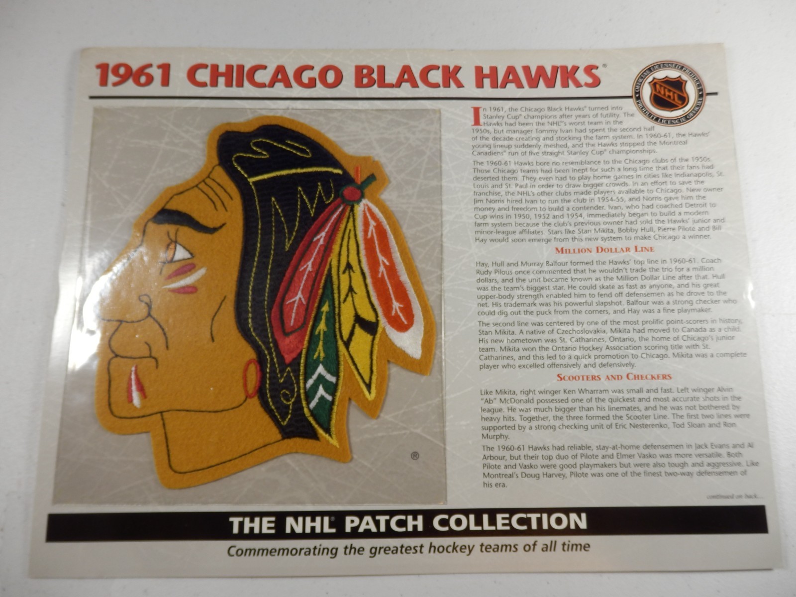 1961 Chicago Black Hawks NHL Patch Collection 10 x 13 Card Flat Ship w/Sleeve