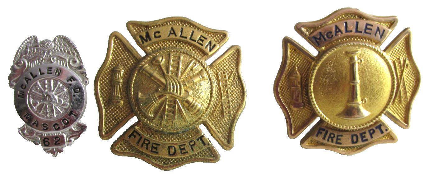 3 Vintage OBSOLETE McAllen Texas Fire Dept Badges, one is 1/20 10K GF Captain