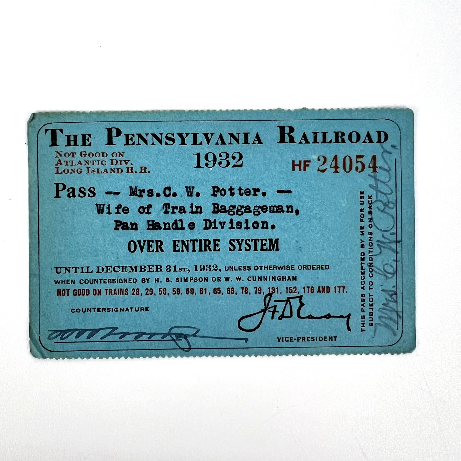 Pennsylvania Railroad 1932 Annual Pass Mrs CW Potter Pan Handle Division Ticket