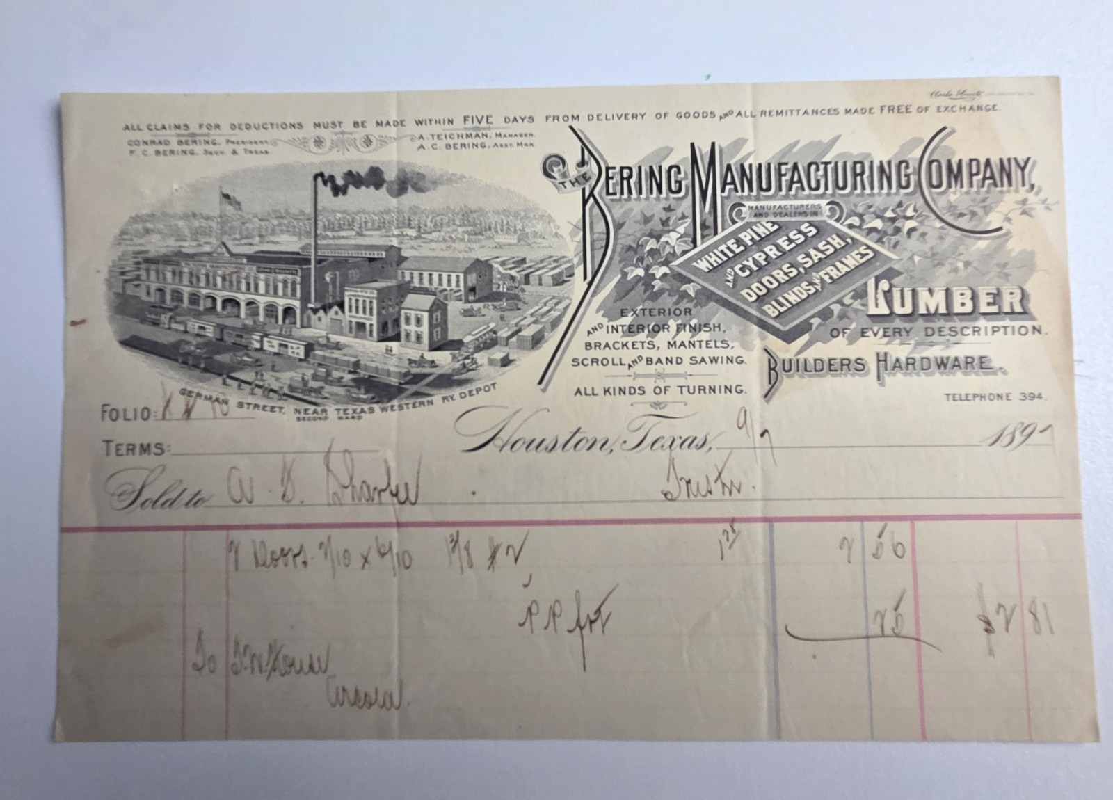 1897 Spring Mfg Co Houston Texas Illustrated Lumber Billhead Antique