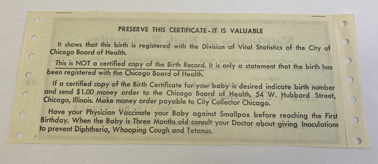 1959 Chicago Historical Document Illinois Vintage 50s Birth Registration