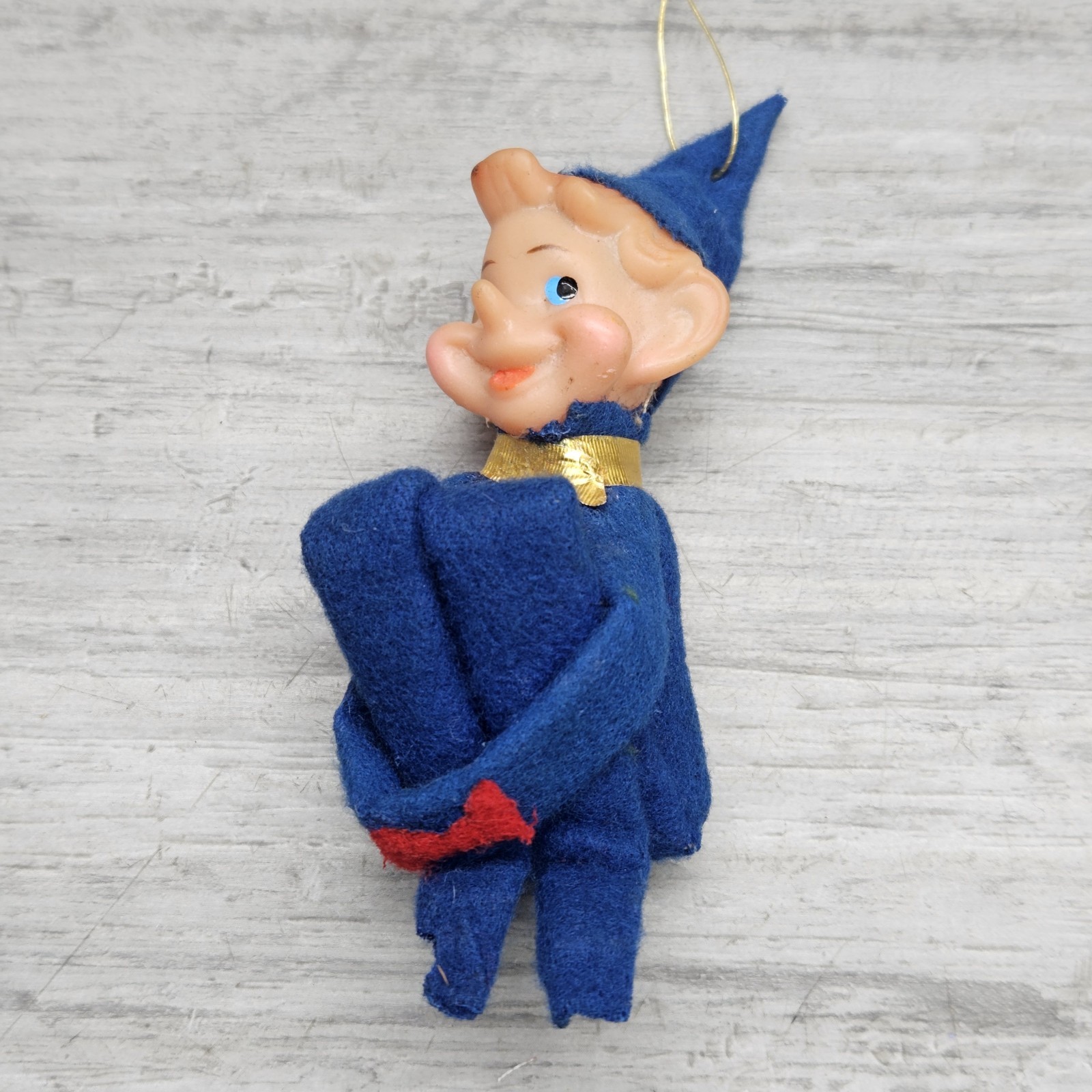 Kneehugger Pixie Elf Christmas Ornament 1950's-60's 4” Blue Vintage DELTA Japan