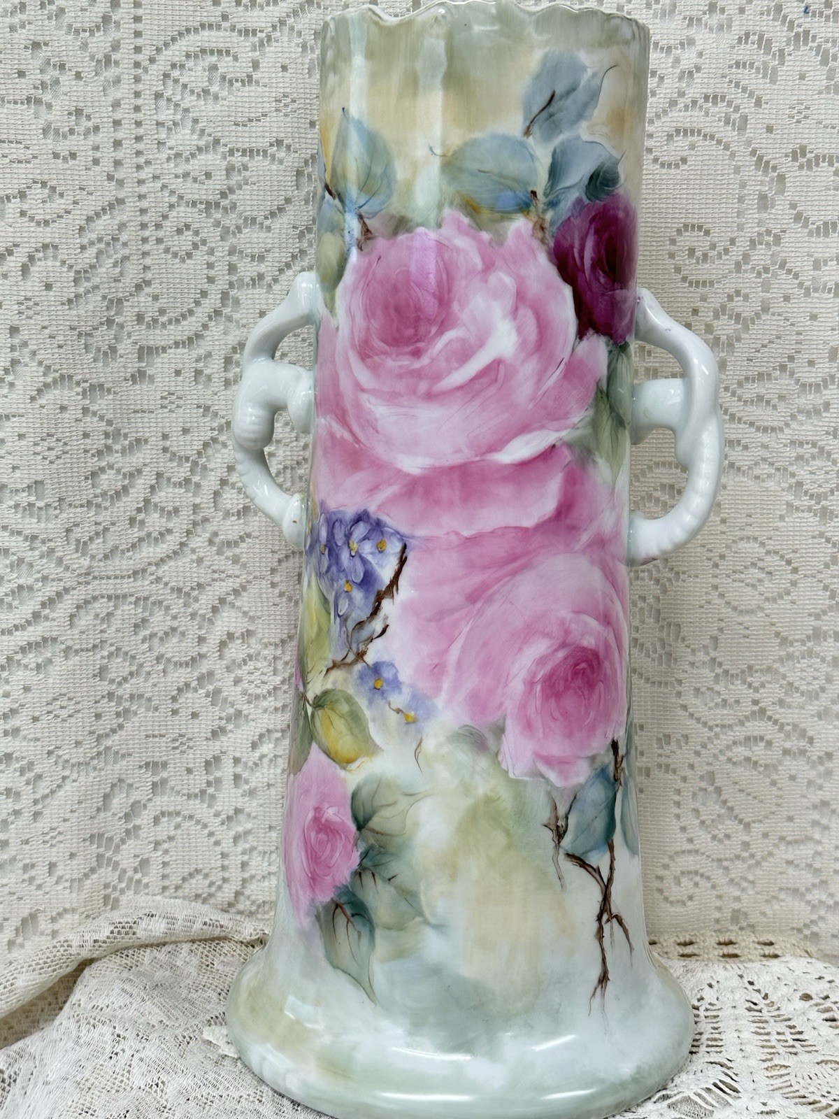 Hand-painted Porcelain Handled Vase multiple Pink Roses Purple Violets 13in