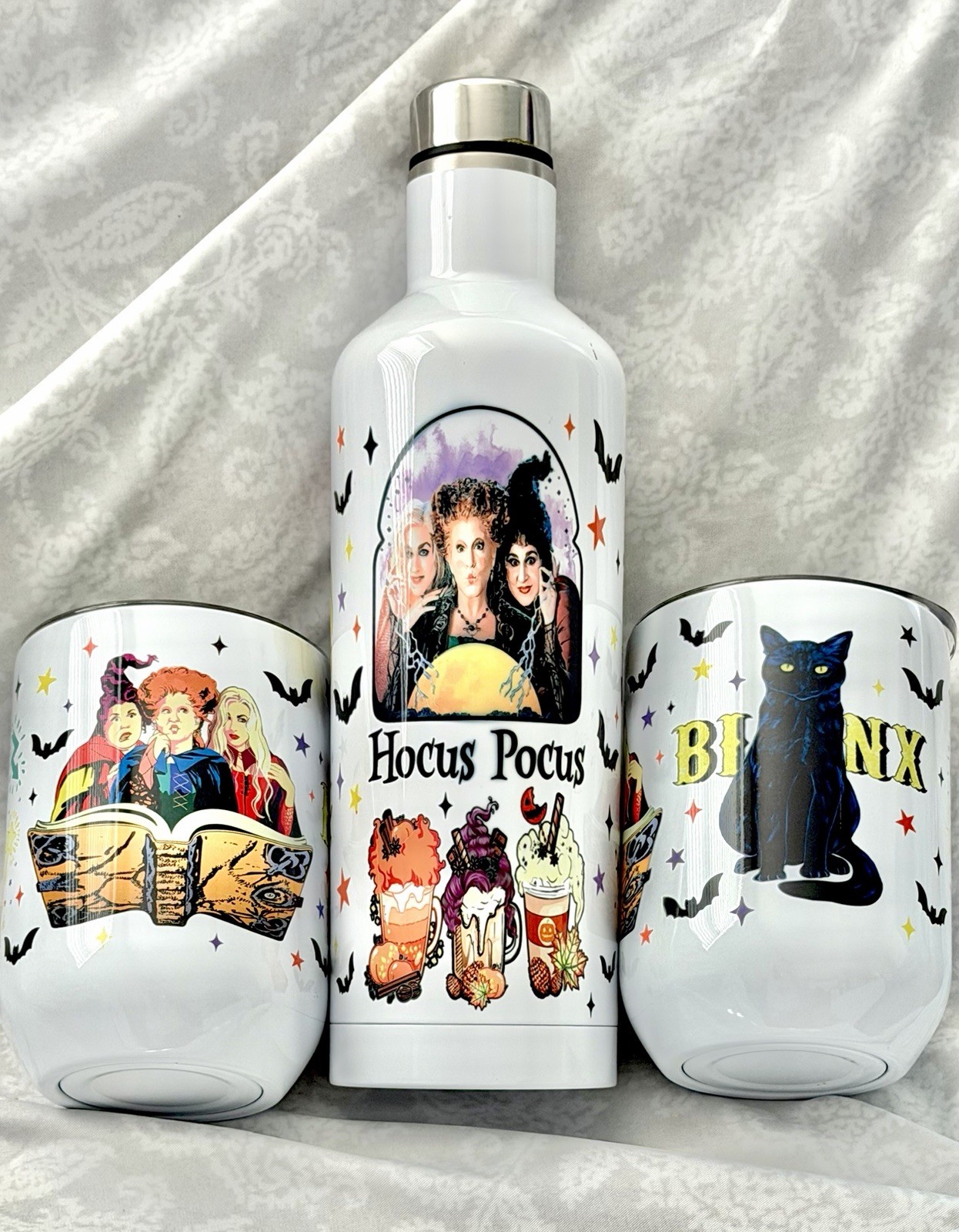 Hocus Pocus Movie 3- Piece Stainless Bottle And Stemless Glasses SET NEW In Box
