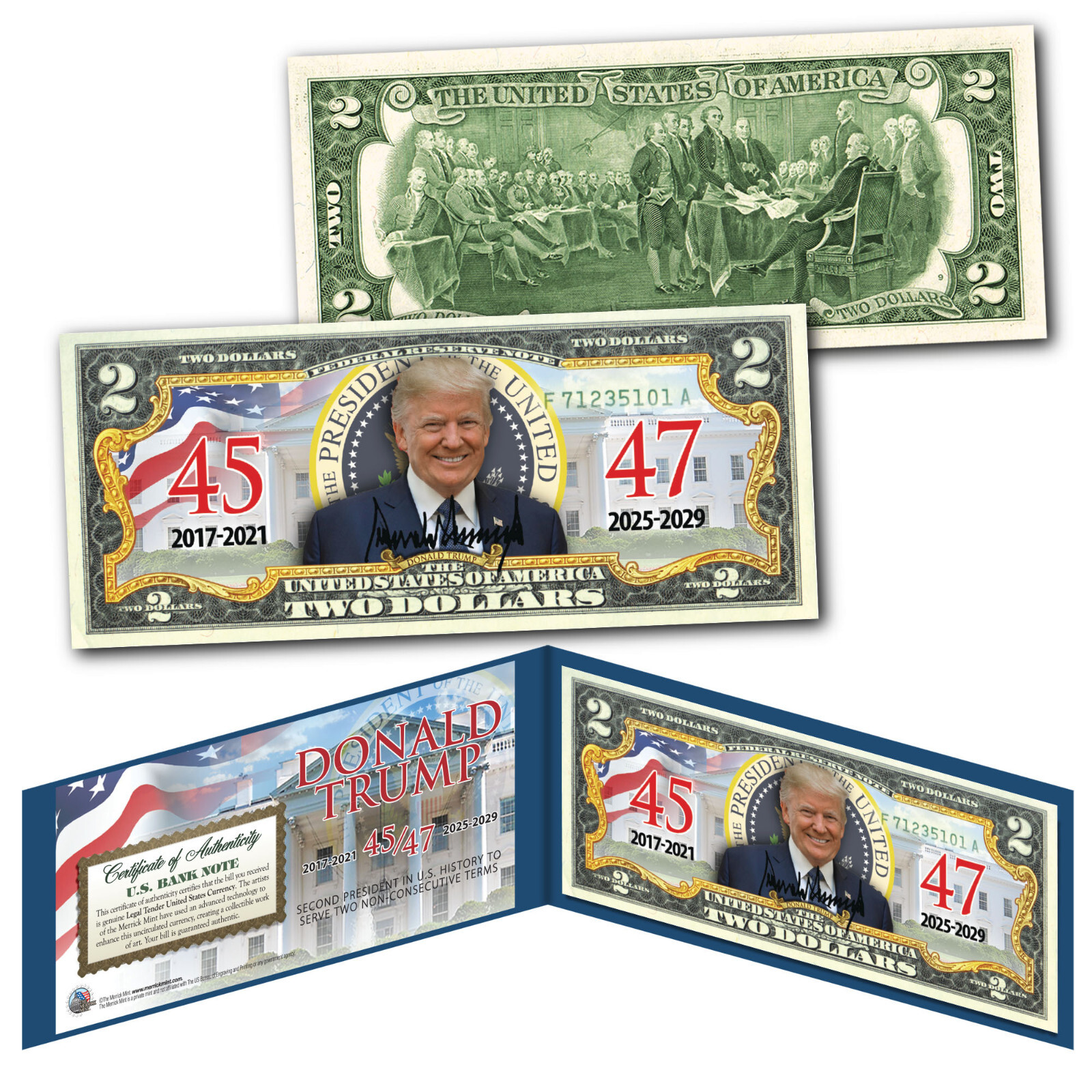 DONALD TRUMP 47th PRESIDENT with Seal 45 / 47 Genuine Legal Tender U.S. $2 Bill