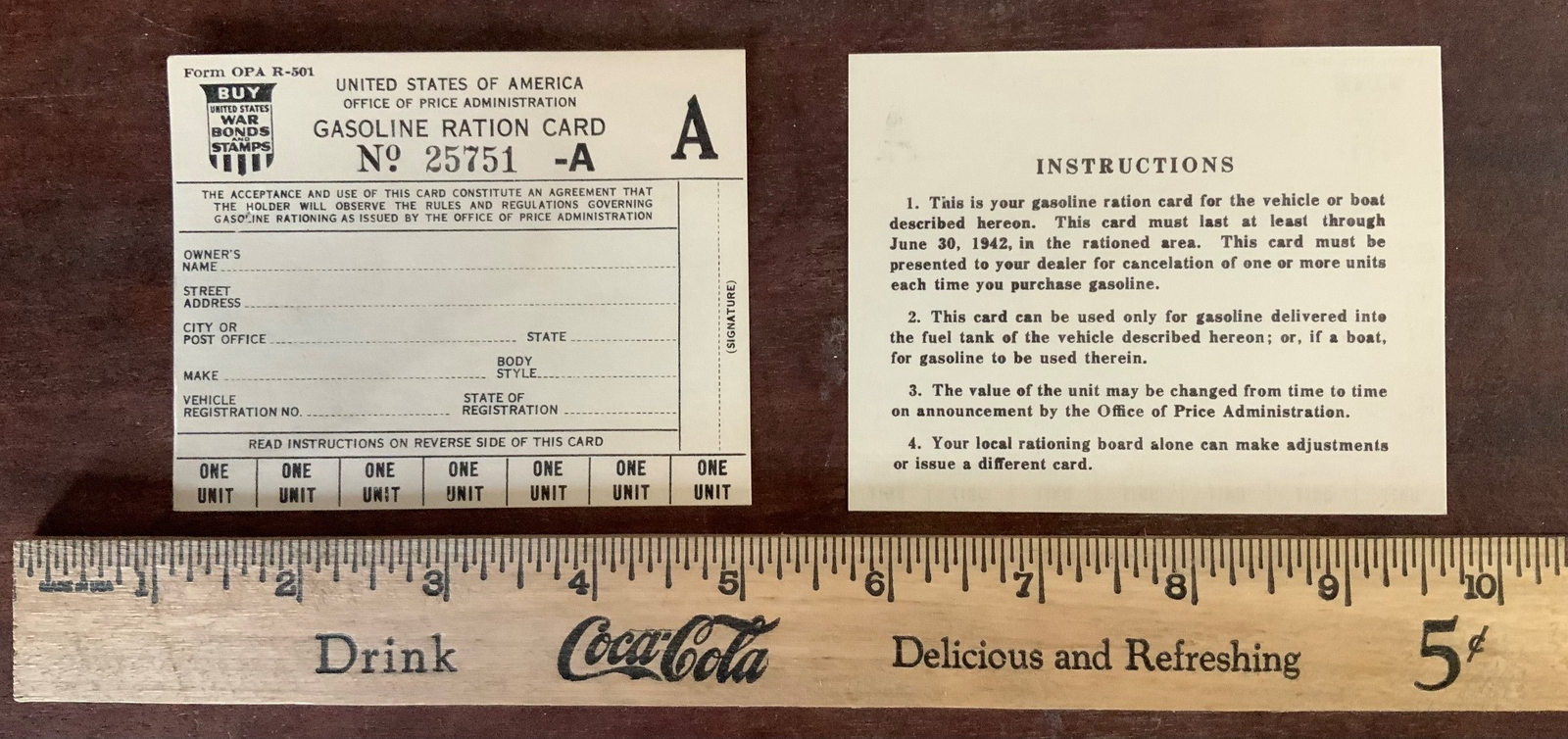 AUTHENTIC GASOLINE RATION CARD WWII 1939-1945