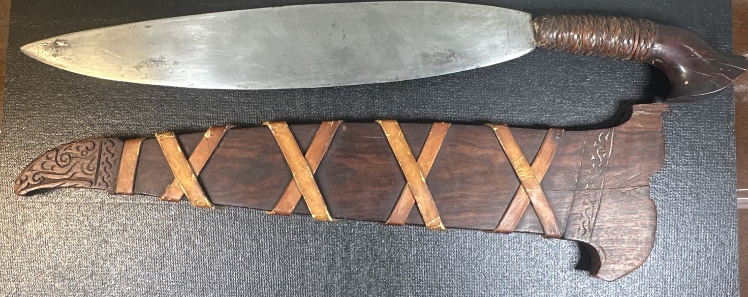 Antique Moro Barong Barung Phillipine Sword, Knife, Machete & Carved Wood Sheath