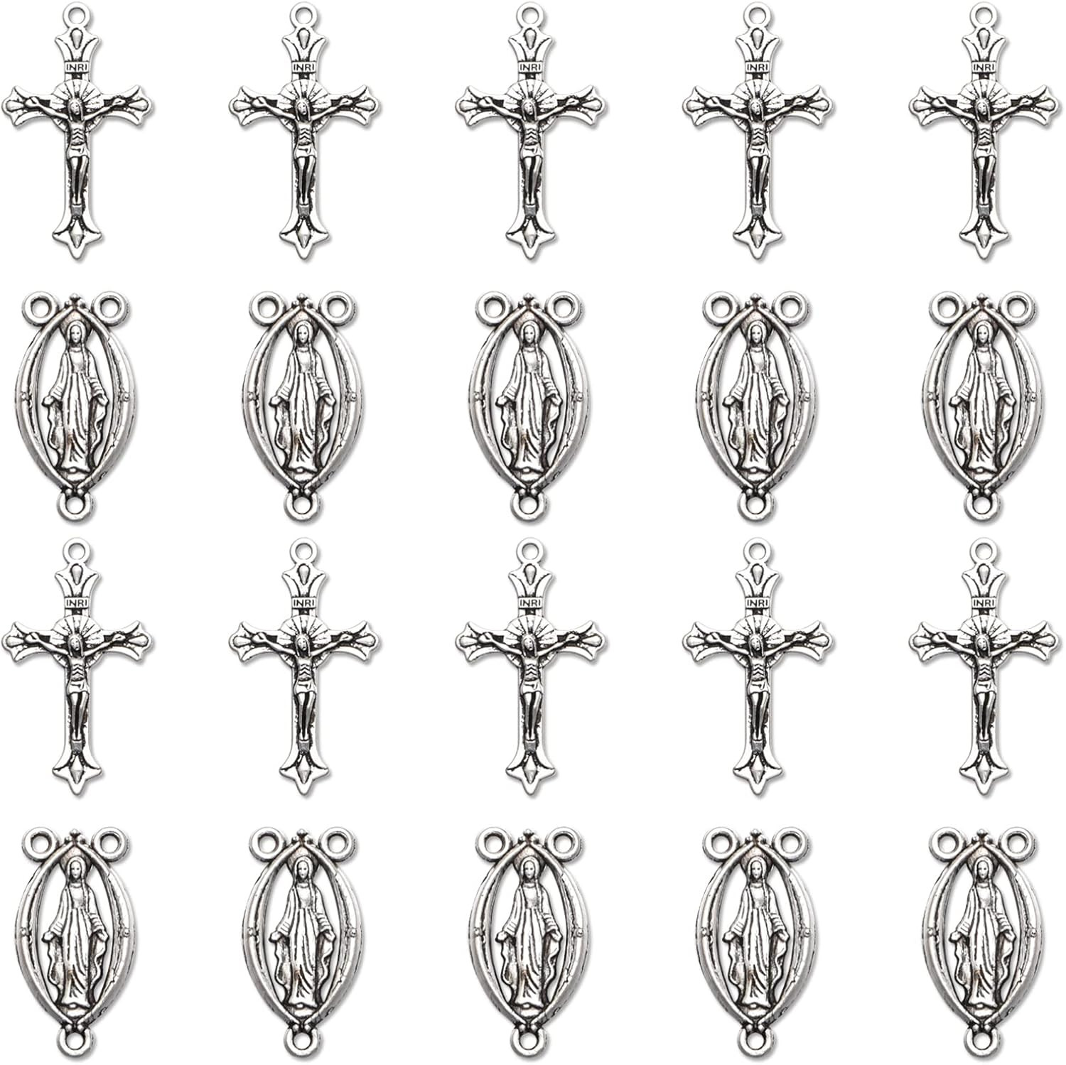30Pcs/15Sets Alloy Rosary Kits Cross and Center Medal Charms Oval Catholic Jesus