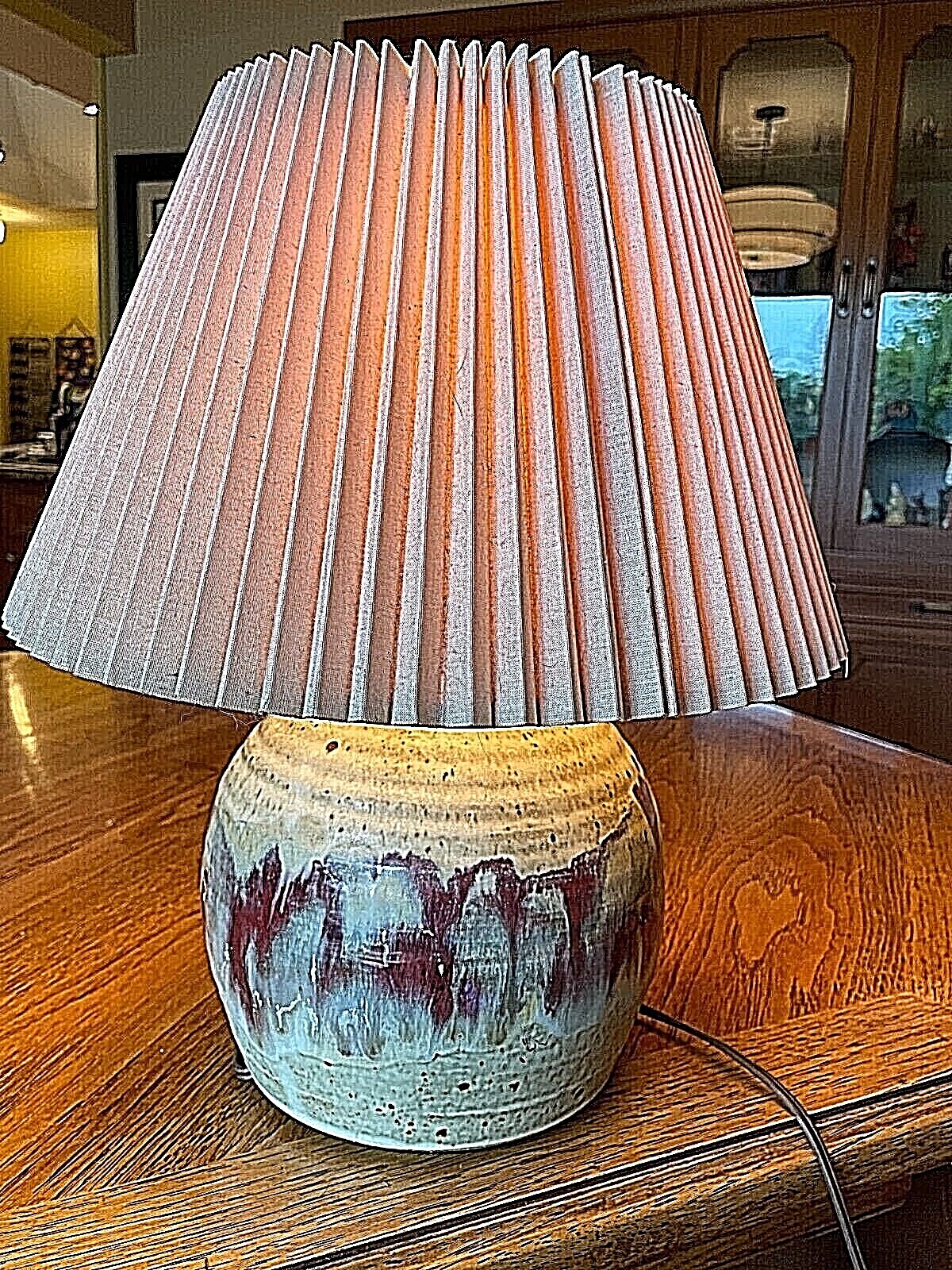 Vintage MCM Studio Art Pottery Table Lamp Signed by RICARD w/Designer Shade