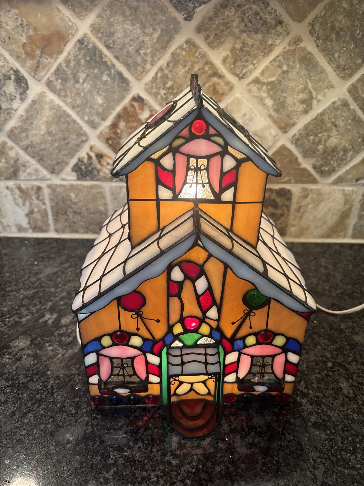 Vintage Tiffany Style Stained Glass Light Up Gingerbread House 2001 w/ Box