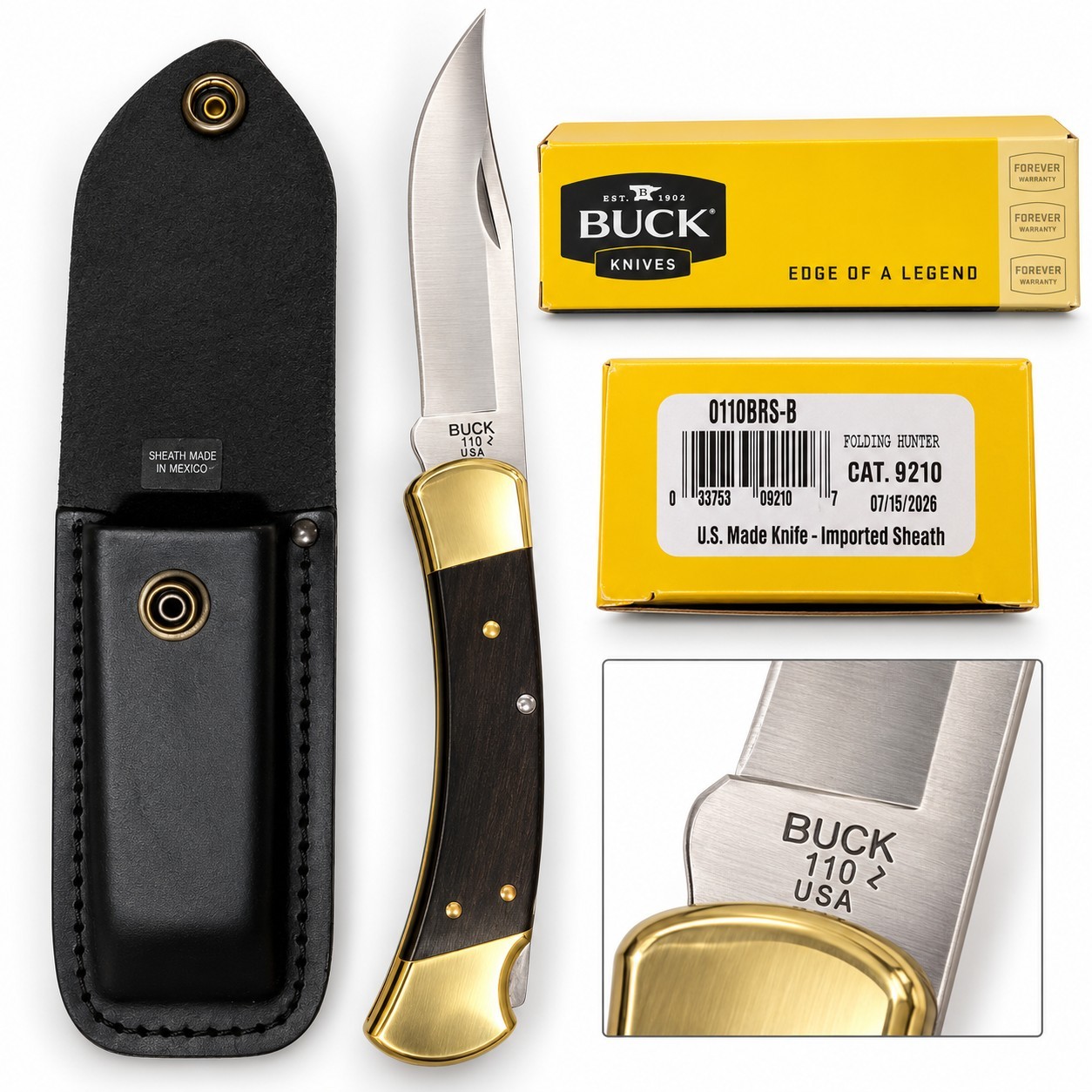 Brand New Buck 110 Folding Hunter 0110BRS-B Ebony Handle Knife w/ Sheath Box USA