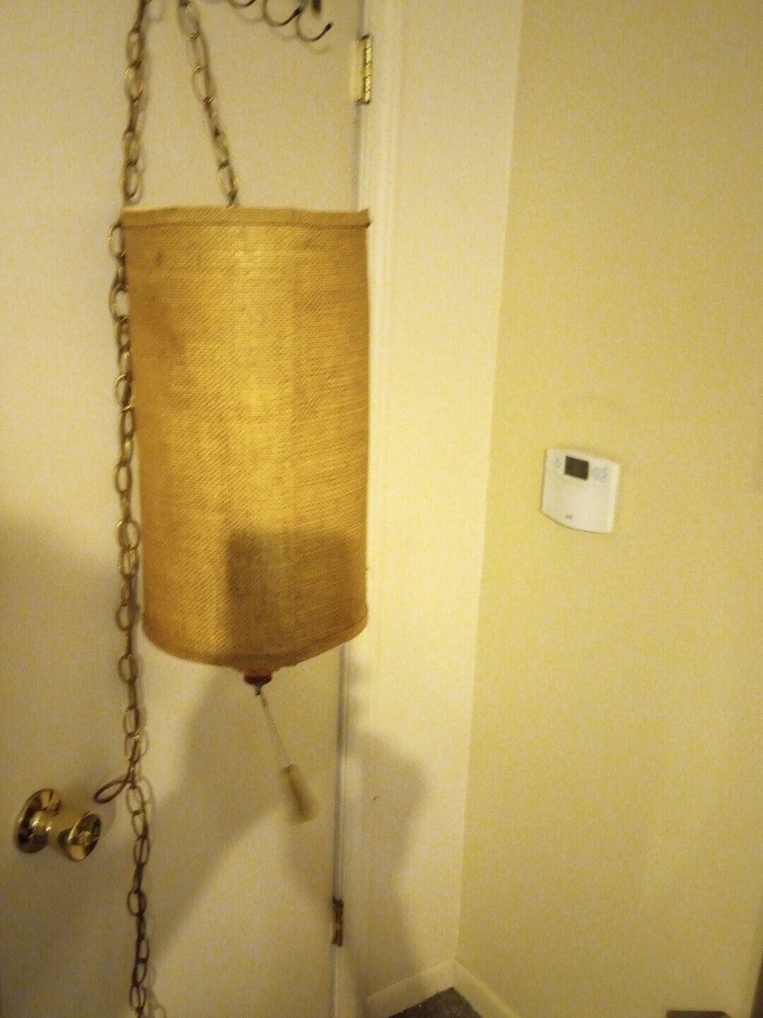 Chain Drum Lamp Hanging Shade Burlap Glass Swag Vintage Light MCM Electric