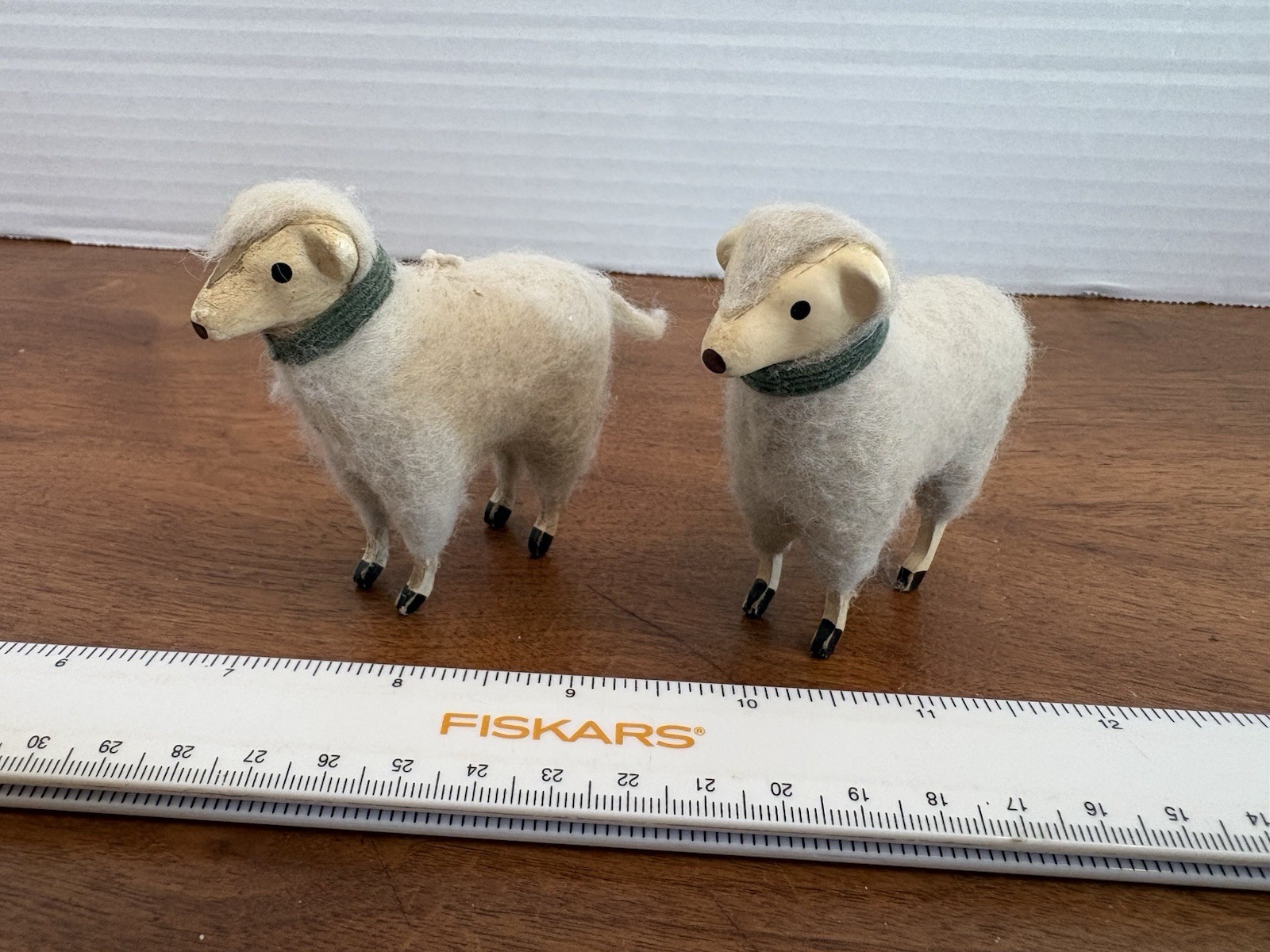 Vintage Christmas Set Of 2 PUTZ Nativity SHEEP Wool Blue Collars Matchstick Legs