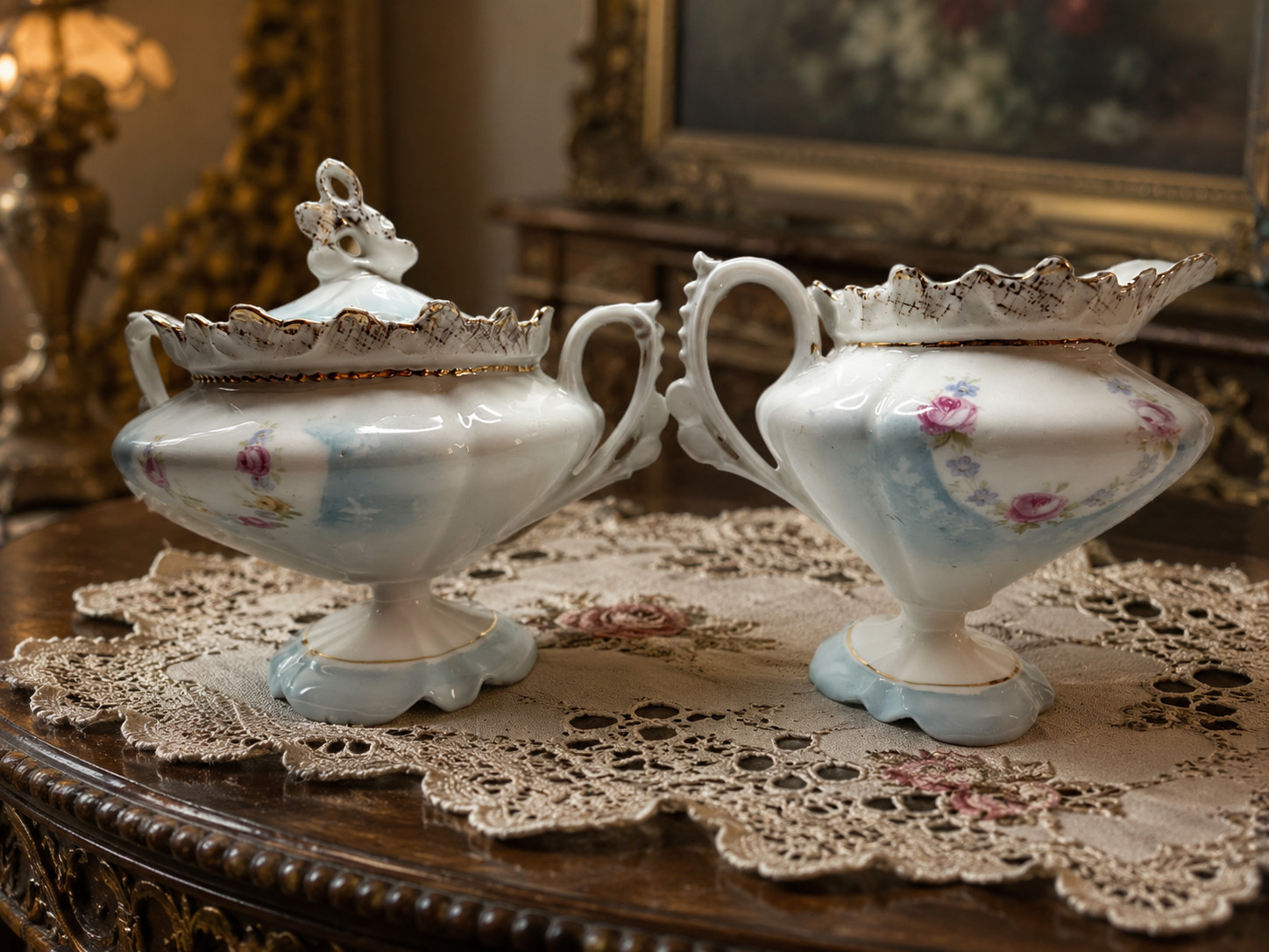 Antique RS Prussia Porcelain Sugar Bowl & Creamer Set with Lid – Hand Painted