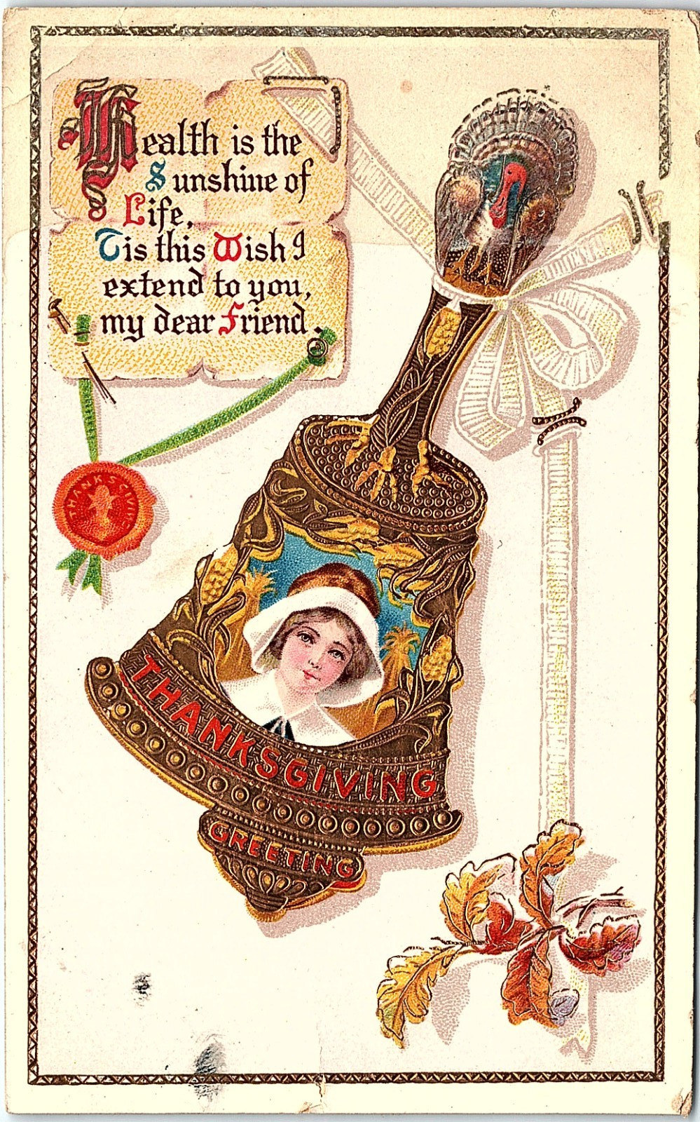 Vintage Postcard Thanksgiving Greeting Gold Bell urkey Holiday Embossed