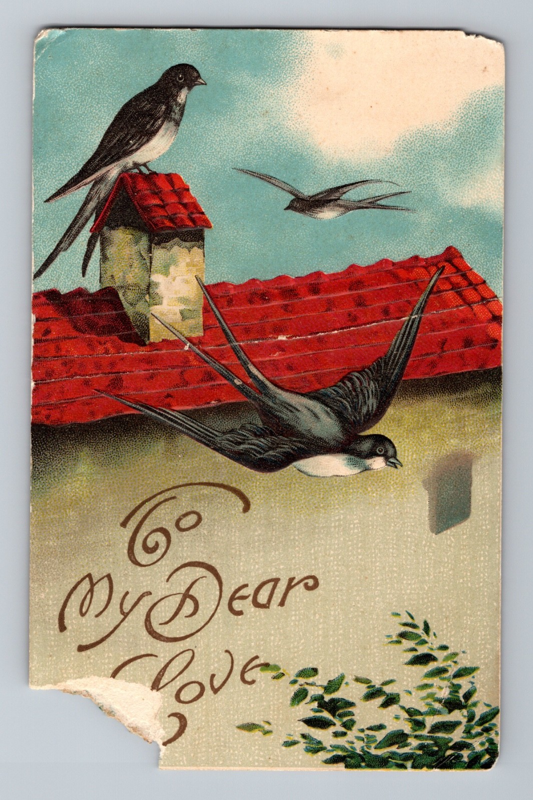 Birds Flying & Perched of Rooftops To My Dear Love Greetings Postcard Embossed 